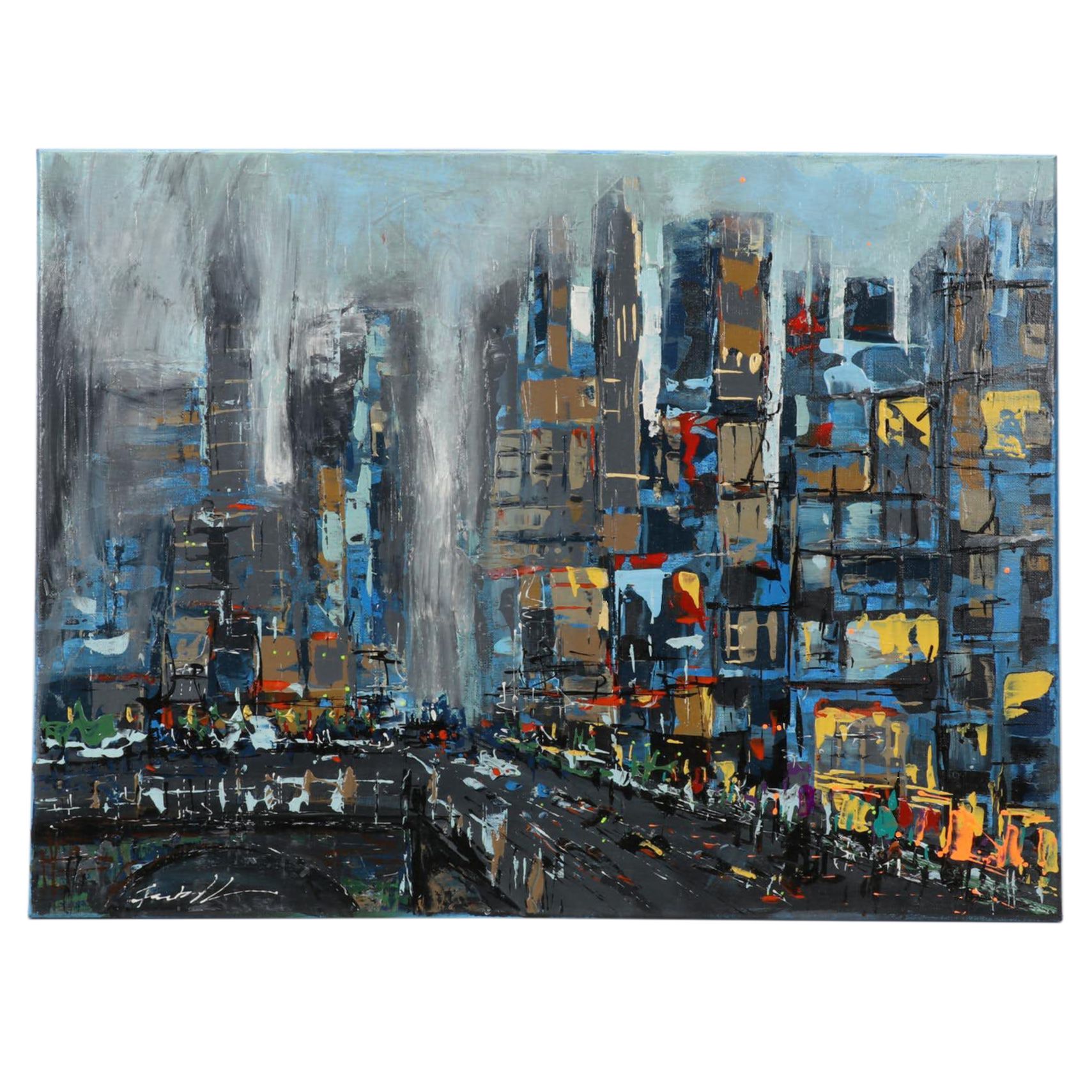 Farshad Lanjani Acrylic Painting of City Street Scene, 21st Century