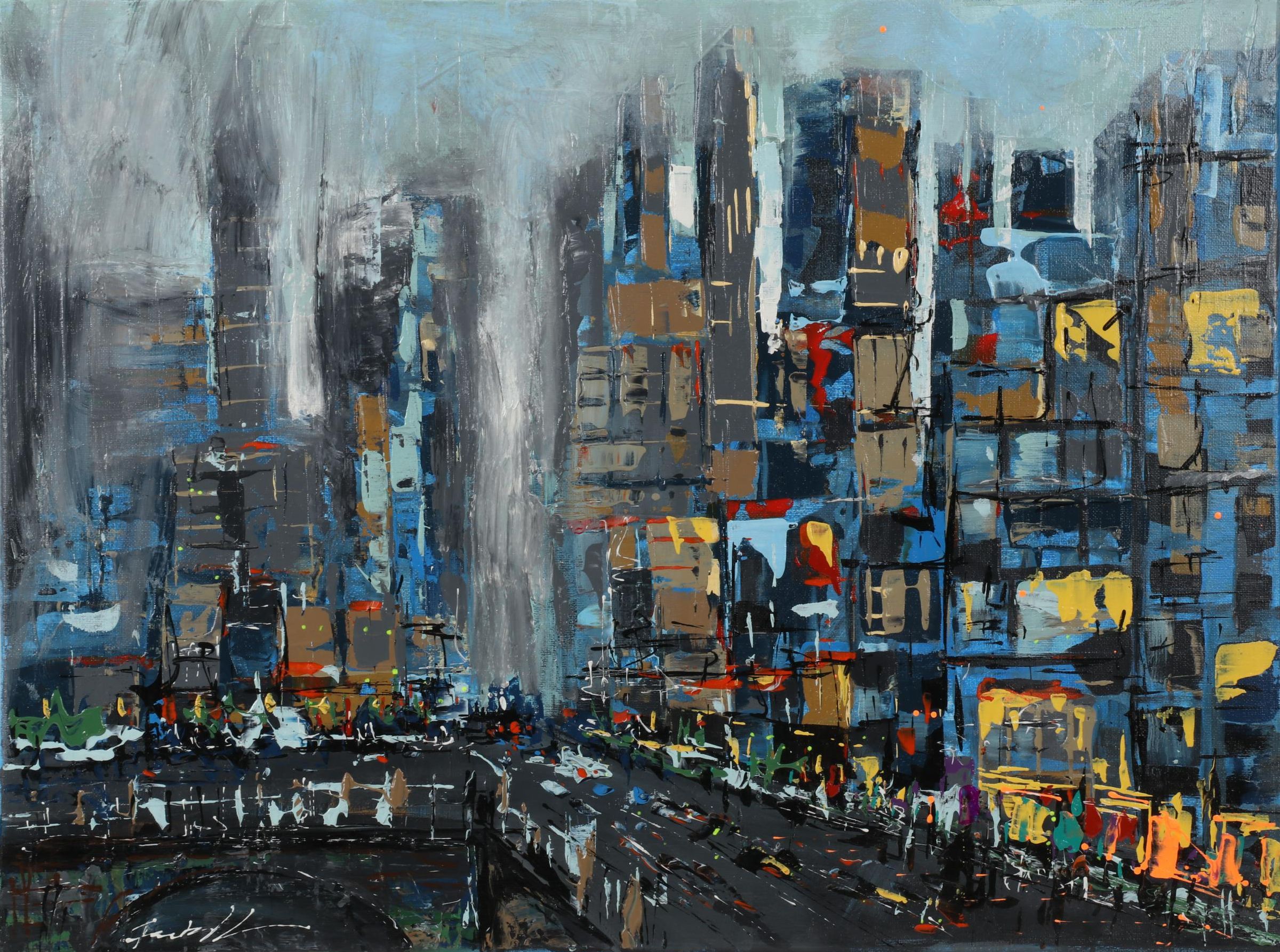 Farshad Lanjani Acrylic Painting of City Street Scene, 21st Century