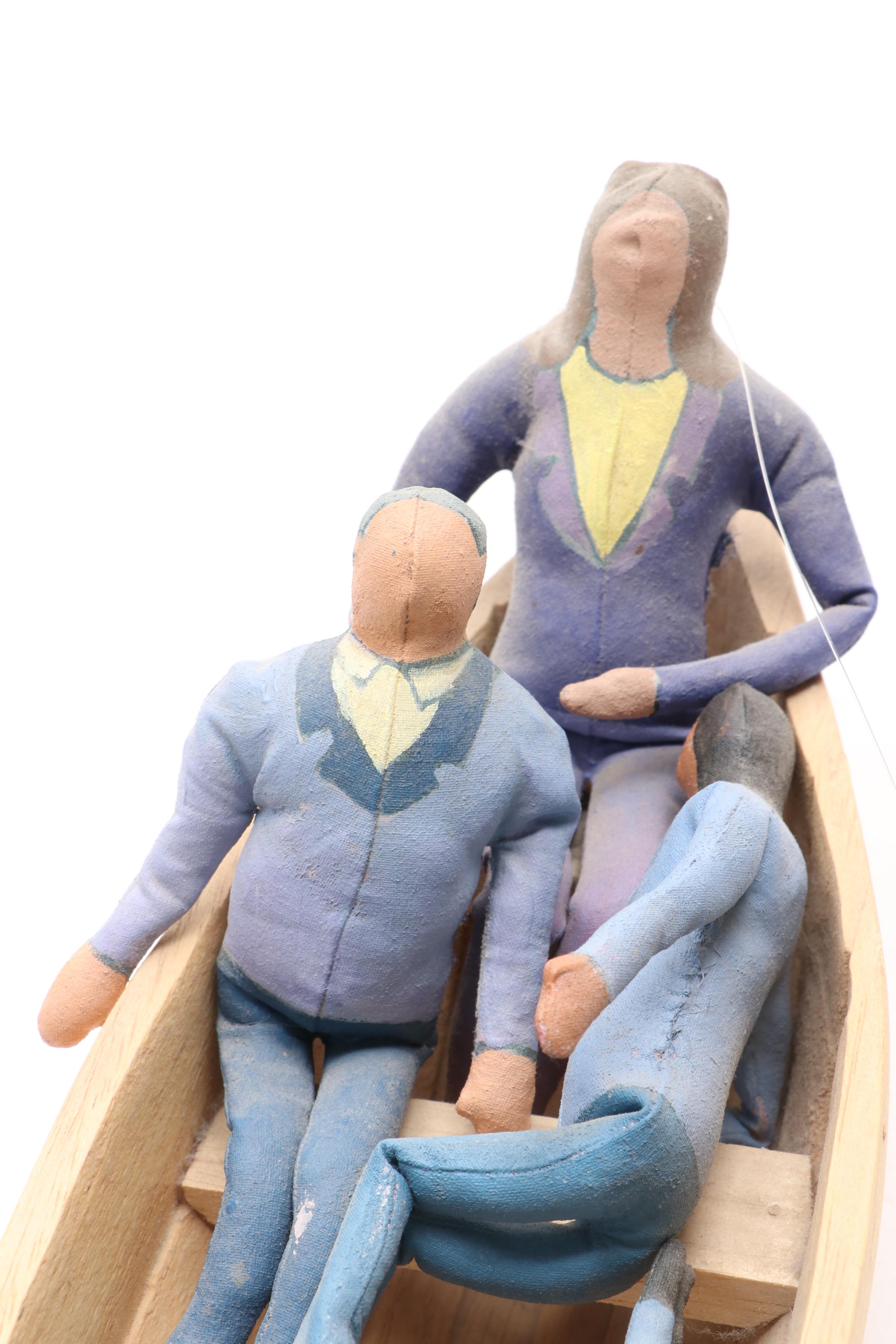 Folk Art People in Suits in a Wooden Boat