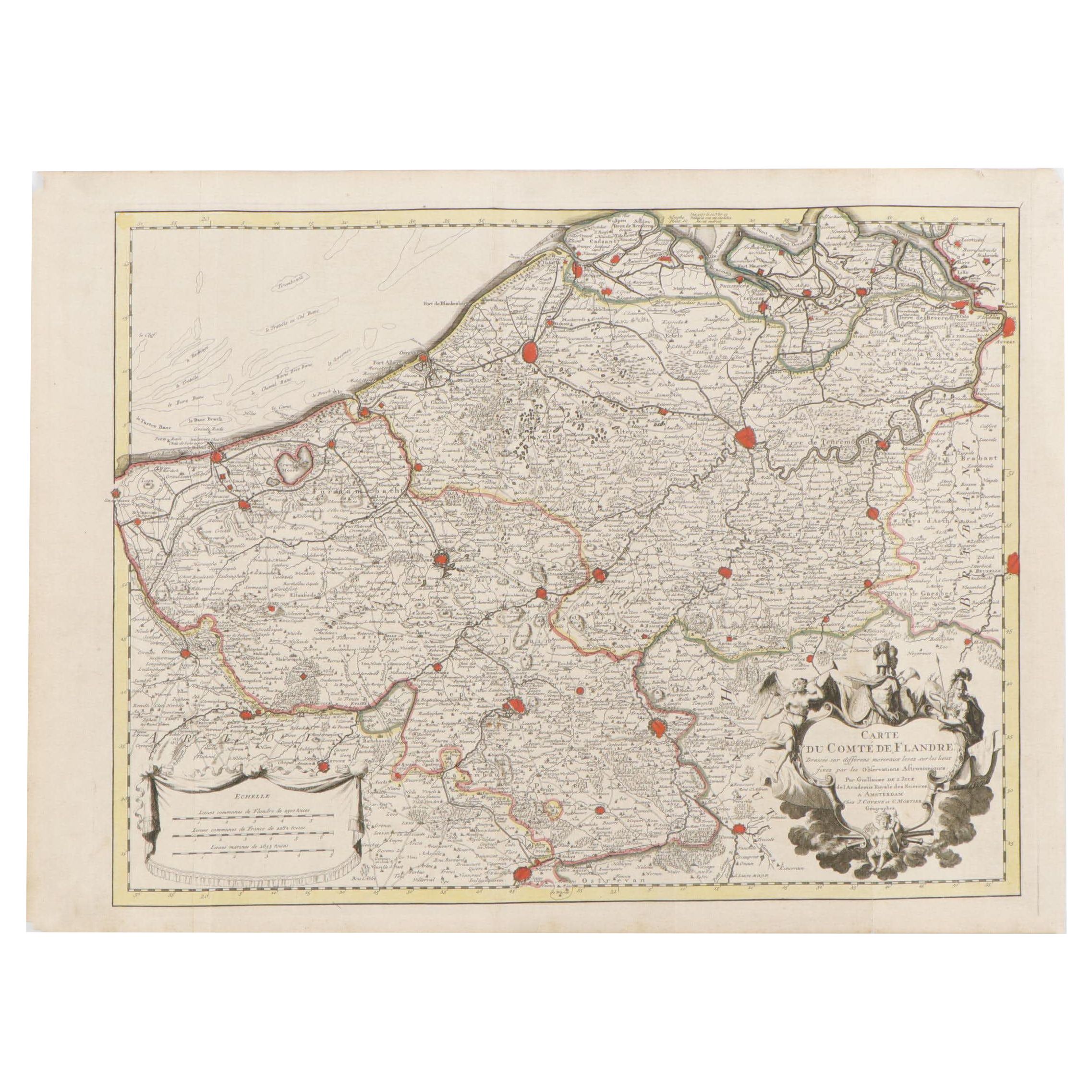 William de l'Isle Hand Colored Engraved Map of the County of Flanders, 18th C