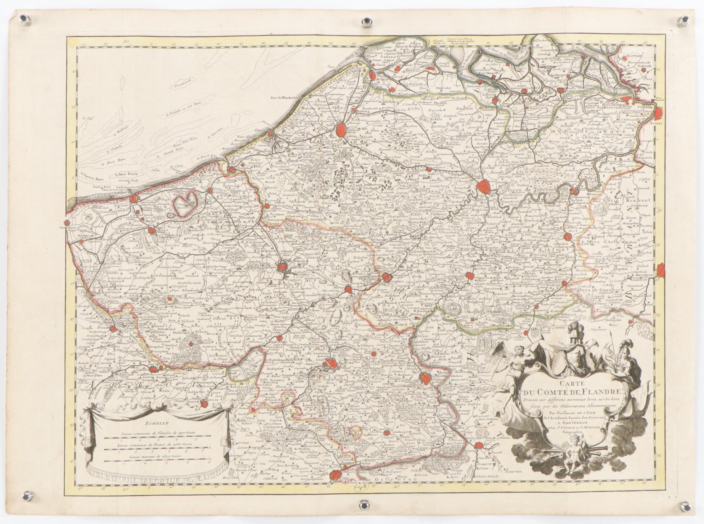 William de l'Isle Hand Colored Engraved Map of the County of Flanders, 18th C
