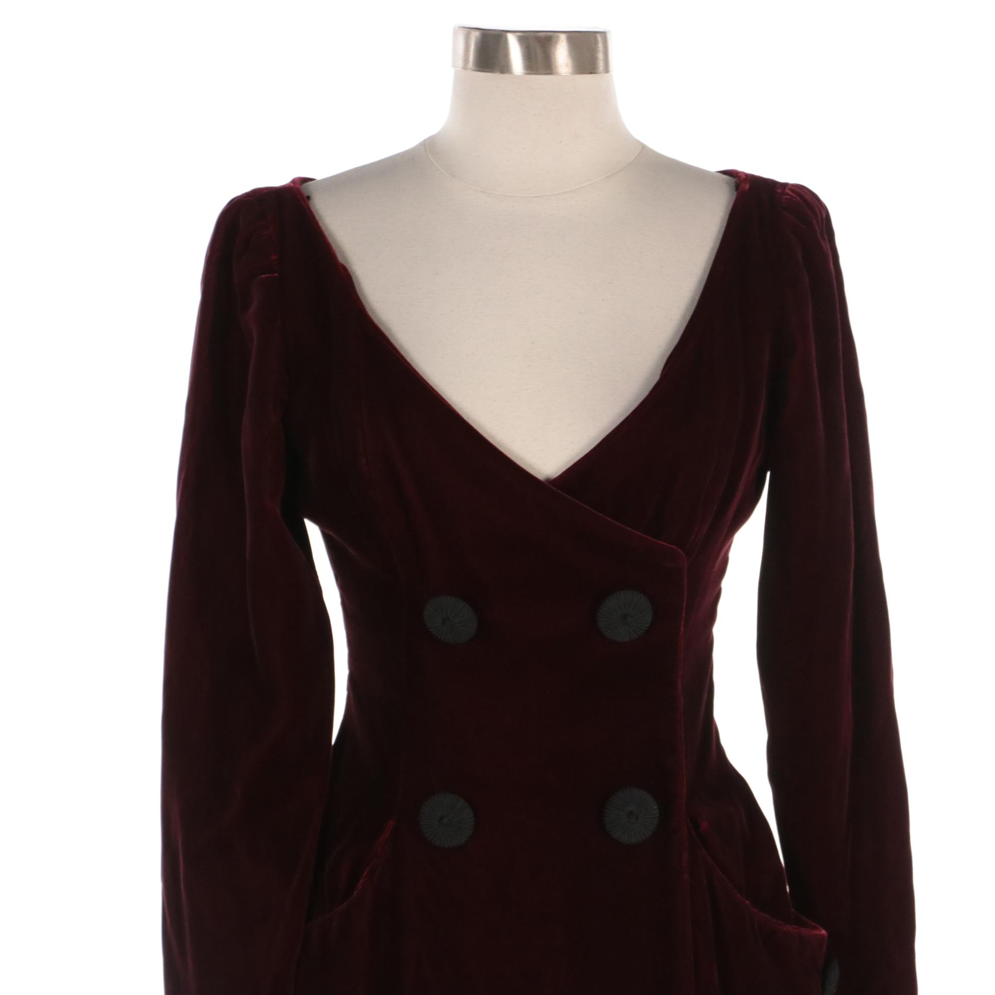 Oscar de la Renta Burgundy Velvet Double-Breasted Occasion Dress