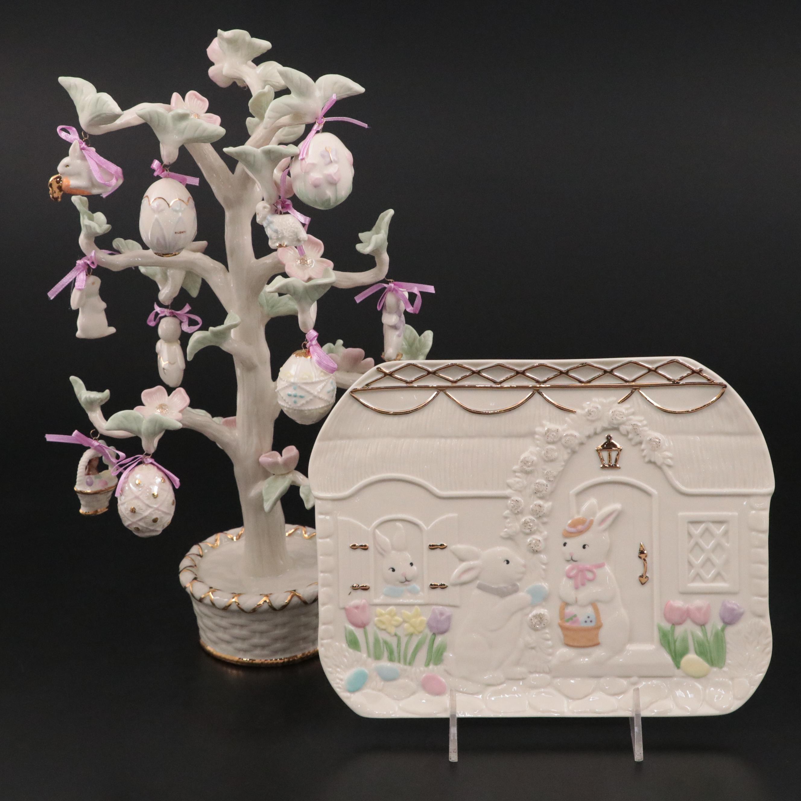 Lenox Porcelain Easter Ornament Tree with Ornaments and Figural Serving Tray
