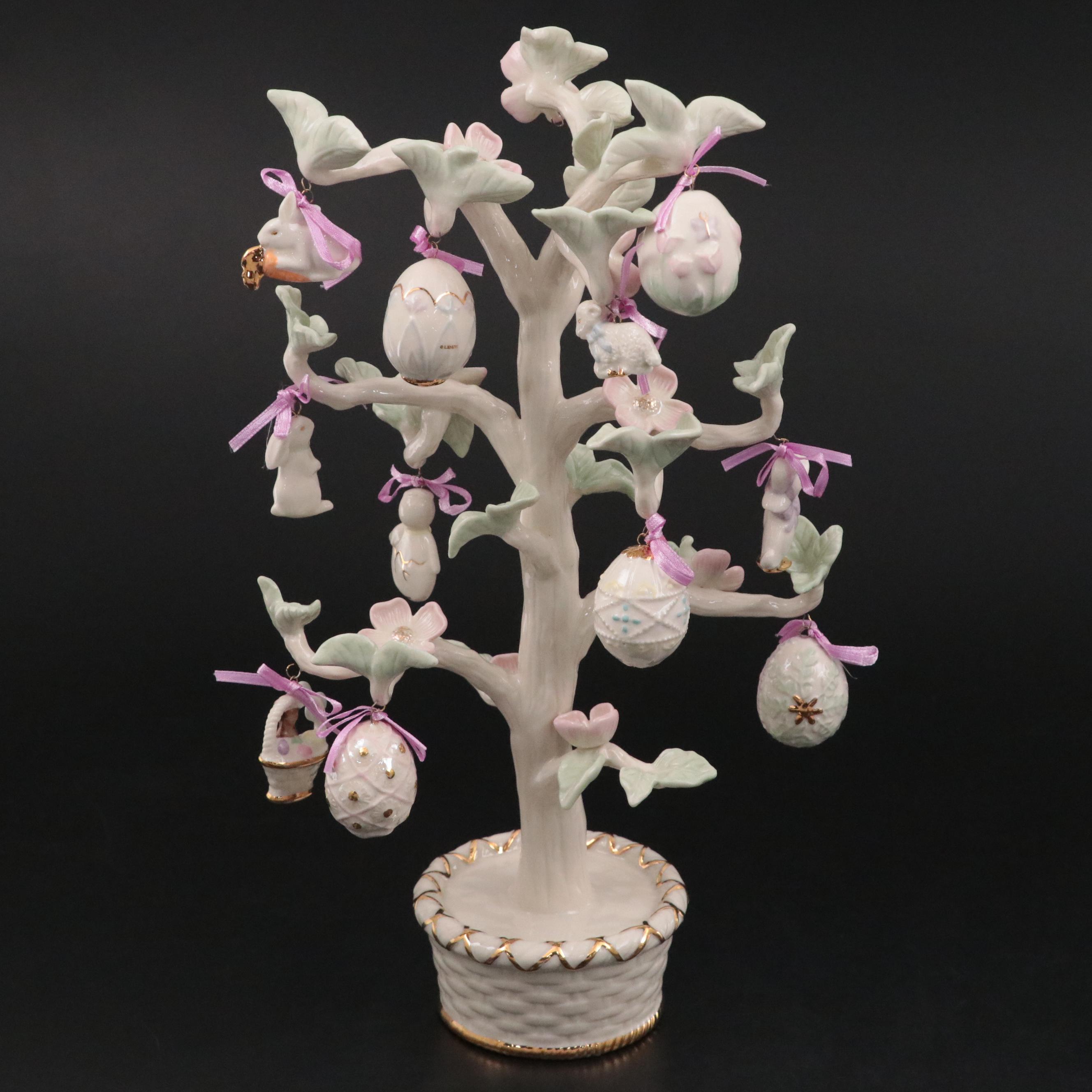 Lenox Porcelain Easter Ornament Tree with Ornaments and Figural Serving Tray