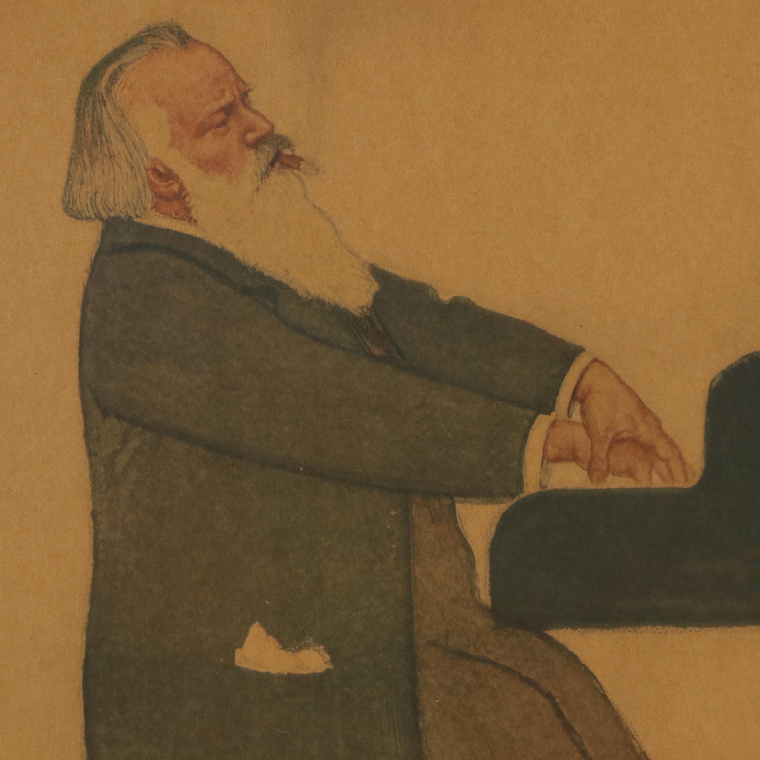 Offset Lithograph After Willy von Beckerath "Johannes Brahms at the Piano"