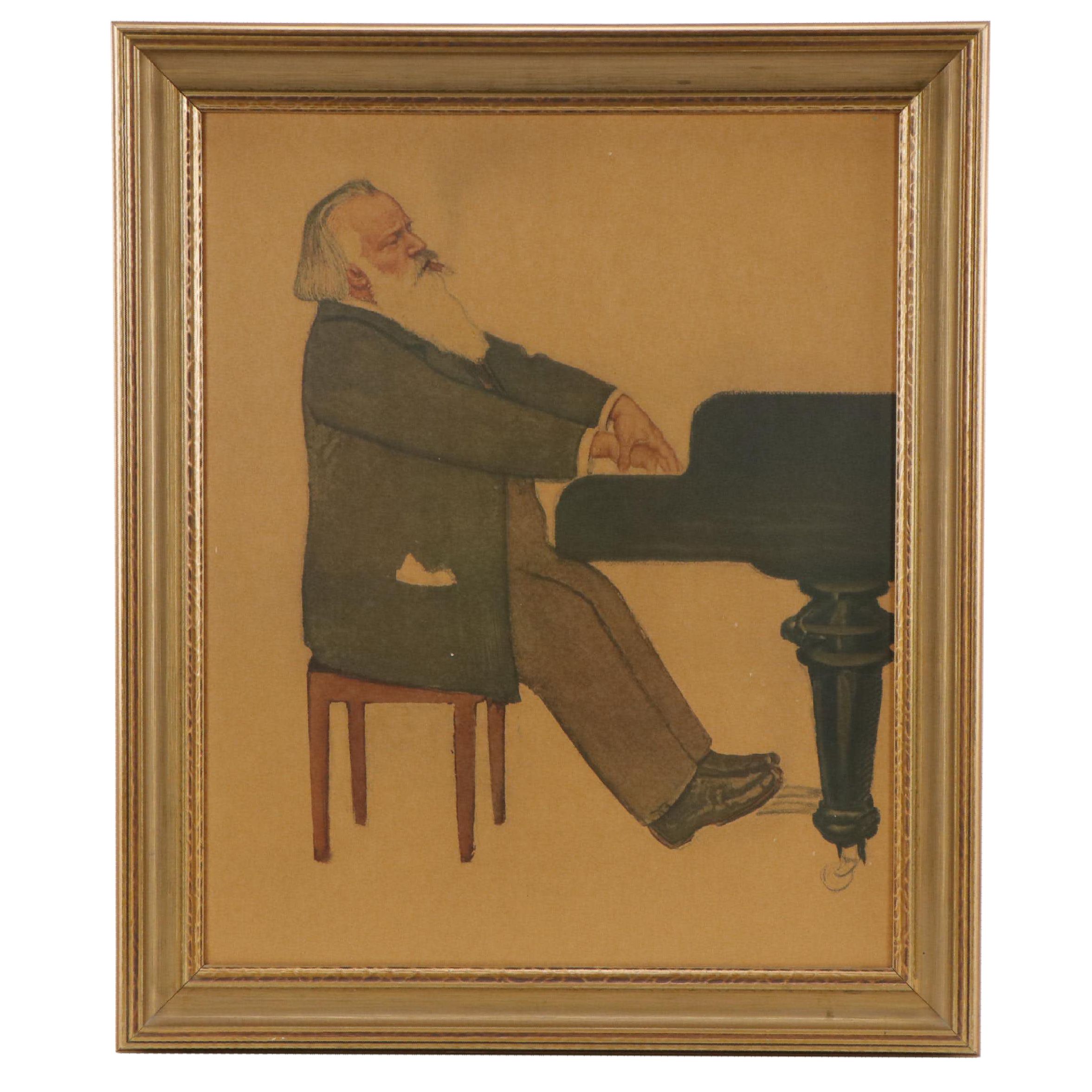 Offset Lithograph After Willy von Beckerath "Johannes Brahms at the Piano"