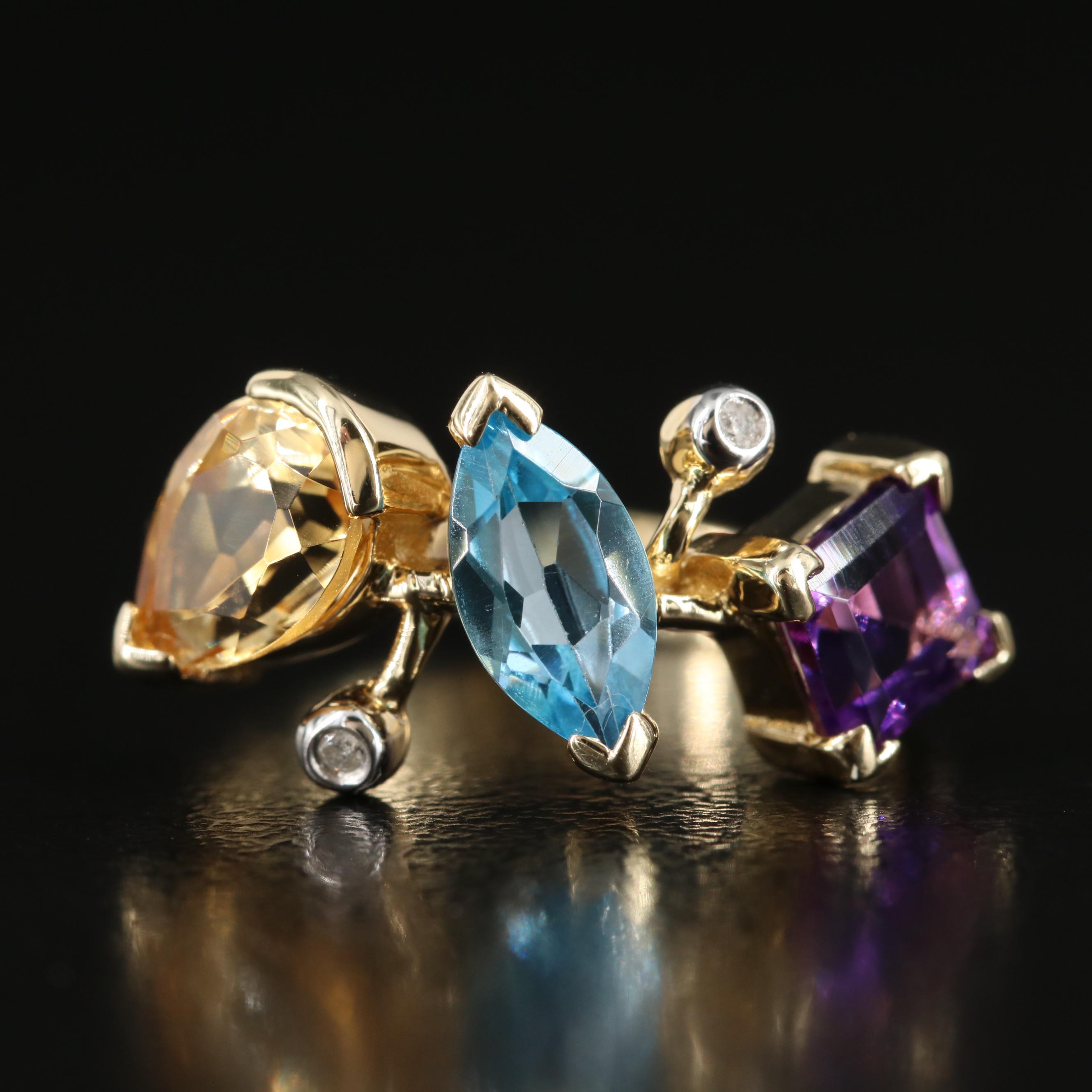 14K Amethyst, Topaz, Citrine, and Diamond Ring