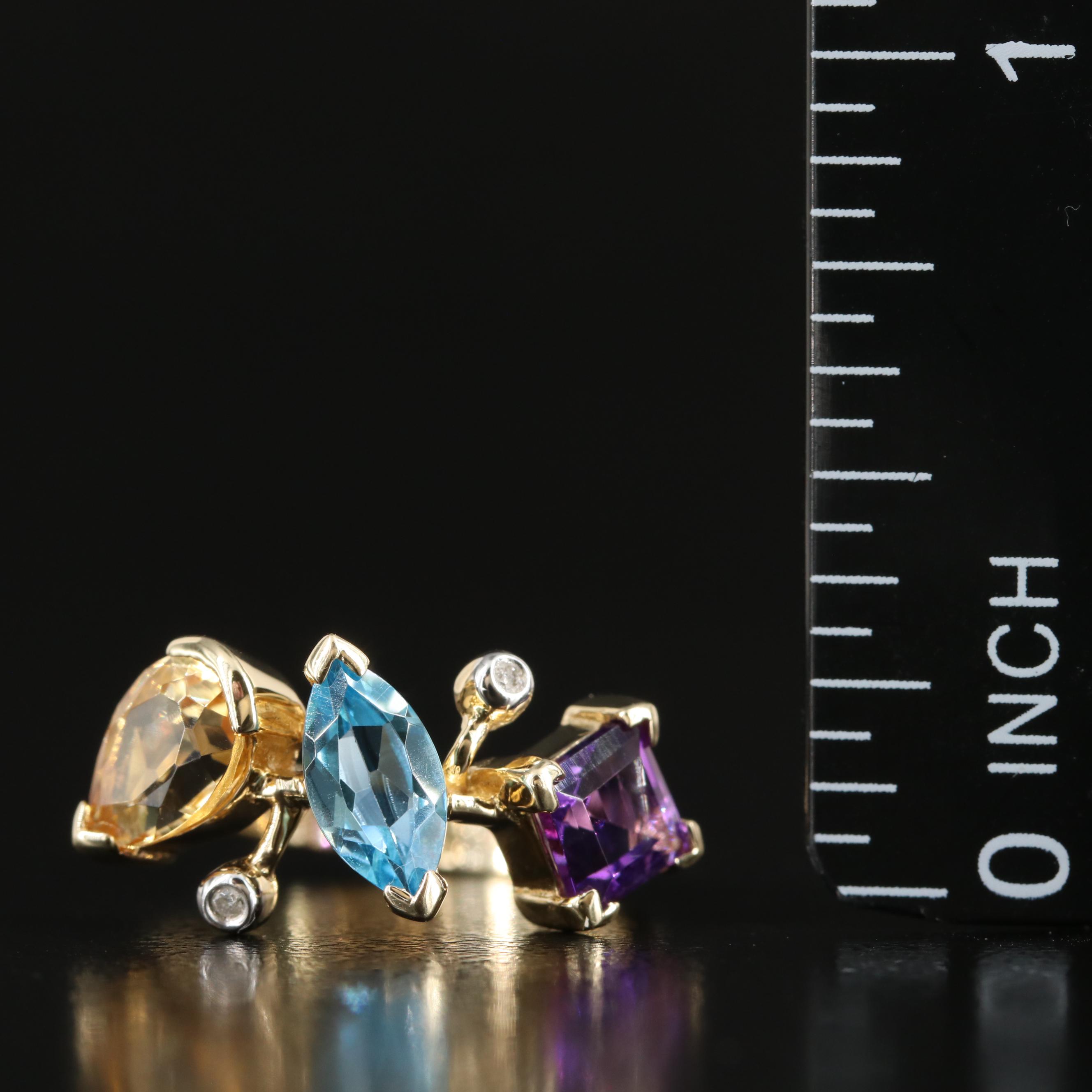 14K Amethyst, Topaz, Citrine, and Diamond Ring