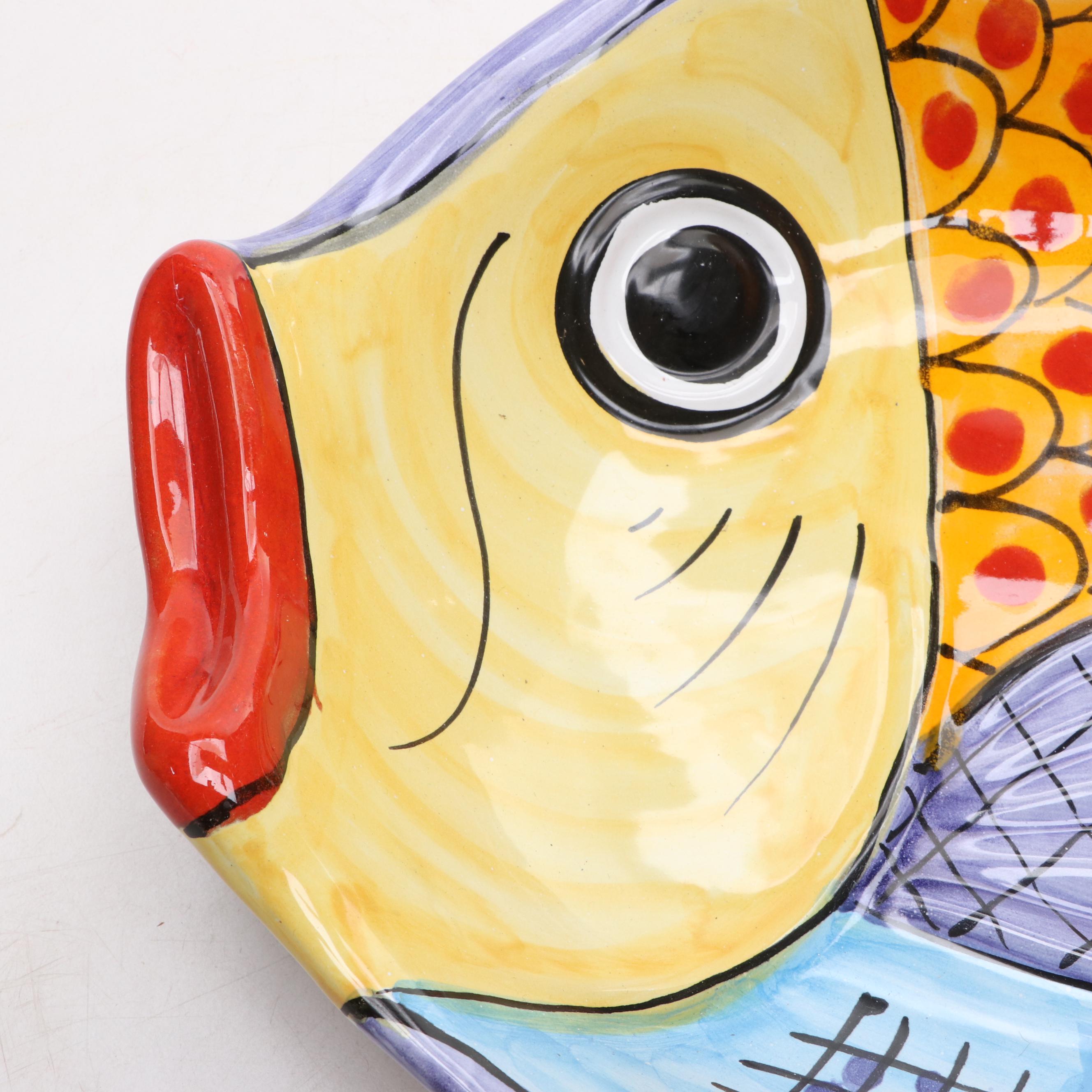 Italian Vietri "Fish Fish Fish" Hand-Painted Ceramic Oval Fish Dish