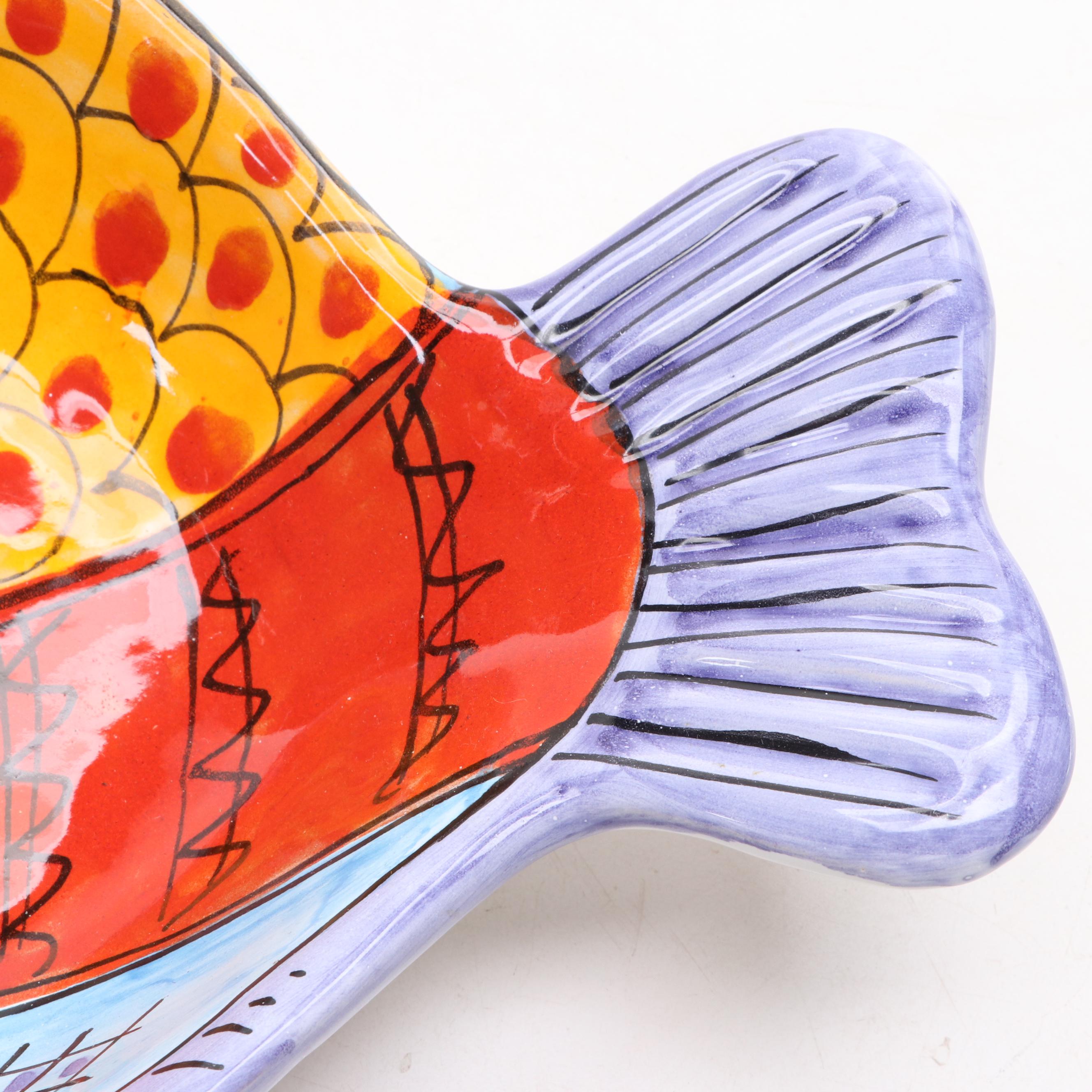 Italian Vietri "Fish Fish Fish" Hand-Painted Ceramic Oval Fish Dish