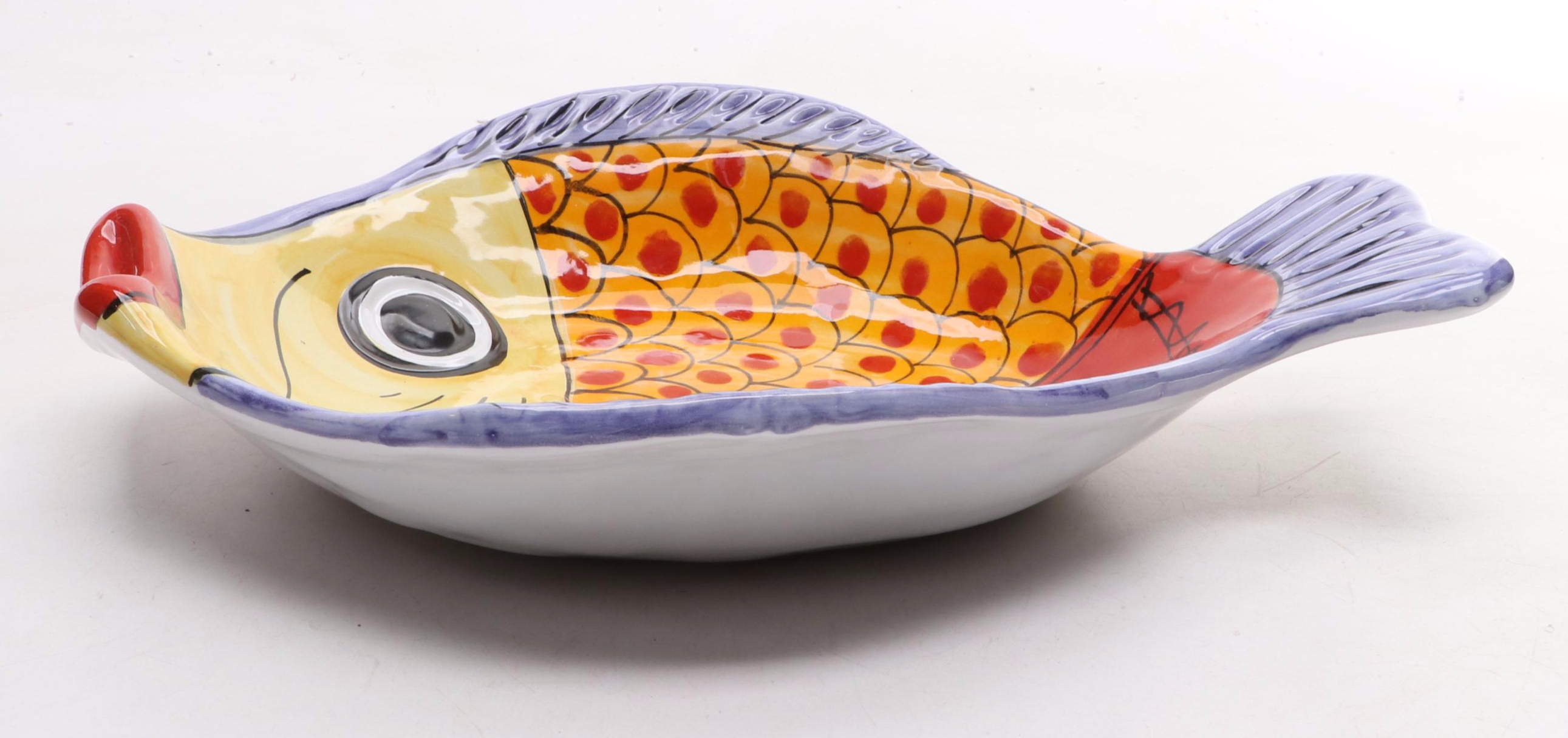 Italian Vietri "Fish Fish Fish" Hand-Painted Ceramic Oval Fish Dish