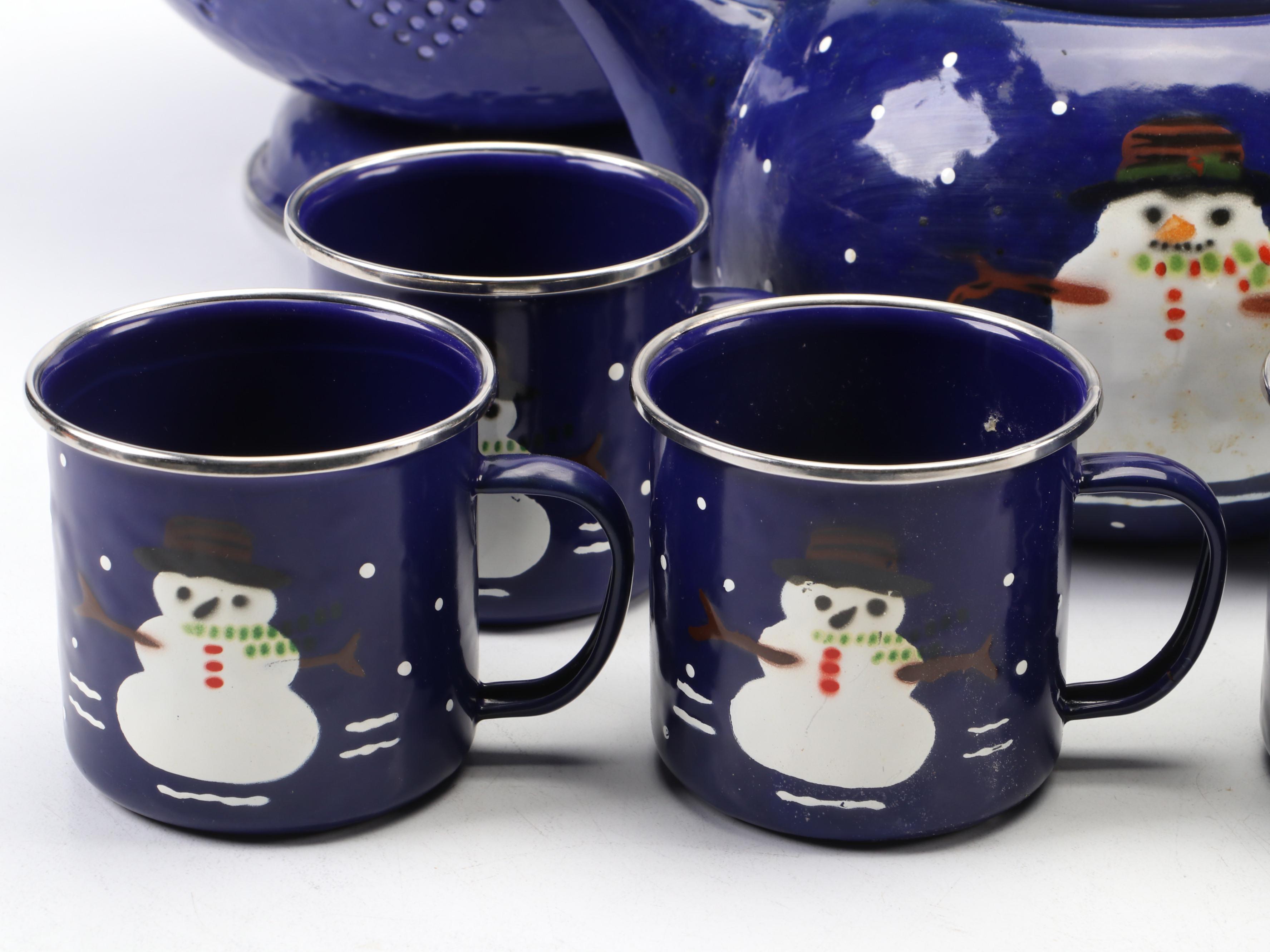 The Golden Rabbit Enamelware Tea Kettle and Other Snowman Themed Tableware
