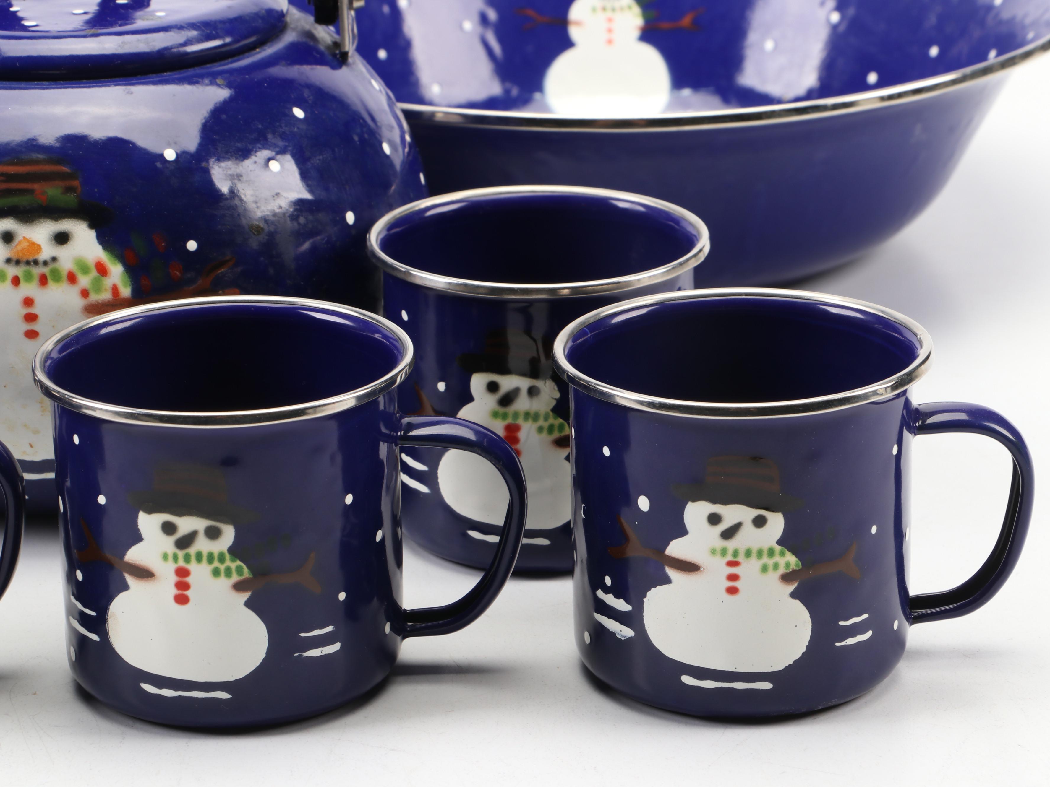The Golden Rabbit Enamelware Tea Kettle and Other Snowman Themed Tableware