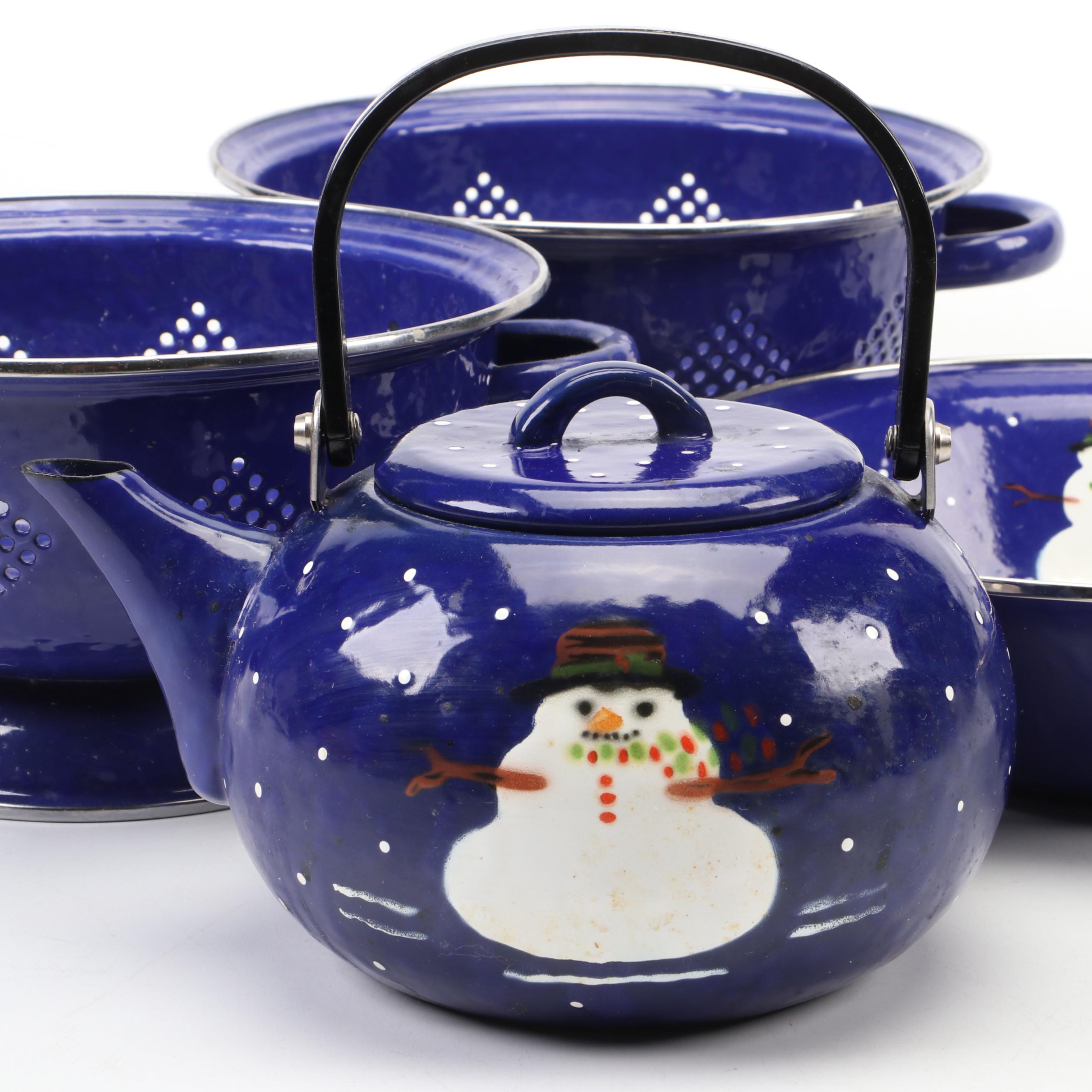 The Golden Rabbit Enamelware Tea Kettle and Other Snowman Themed Tableware