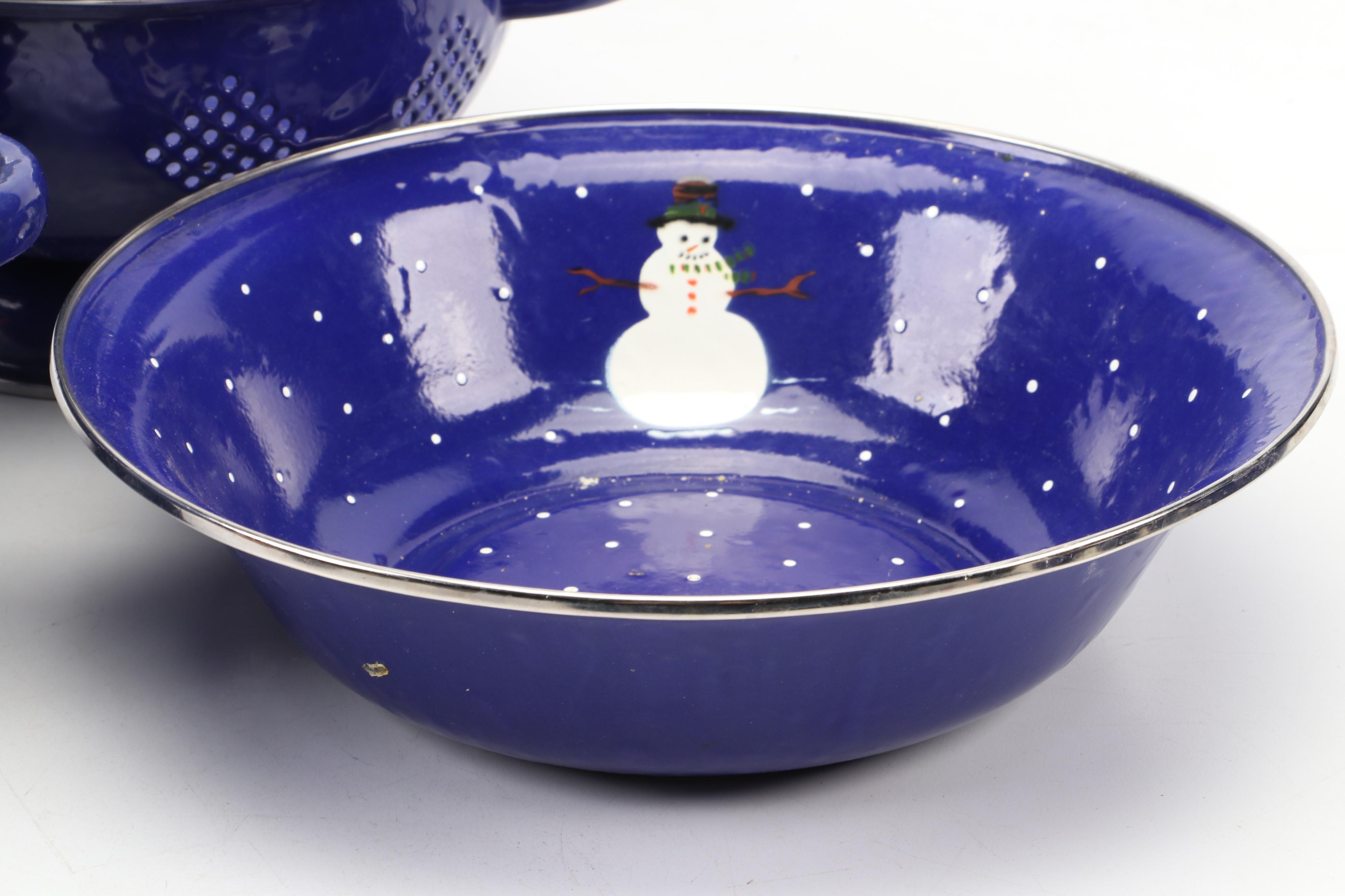 The Golden Rabbit Enamelware Tea Kettle and Other Snowman Themed Tableware