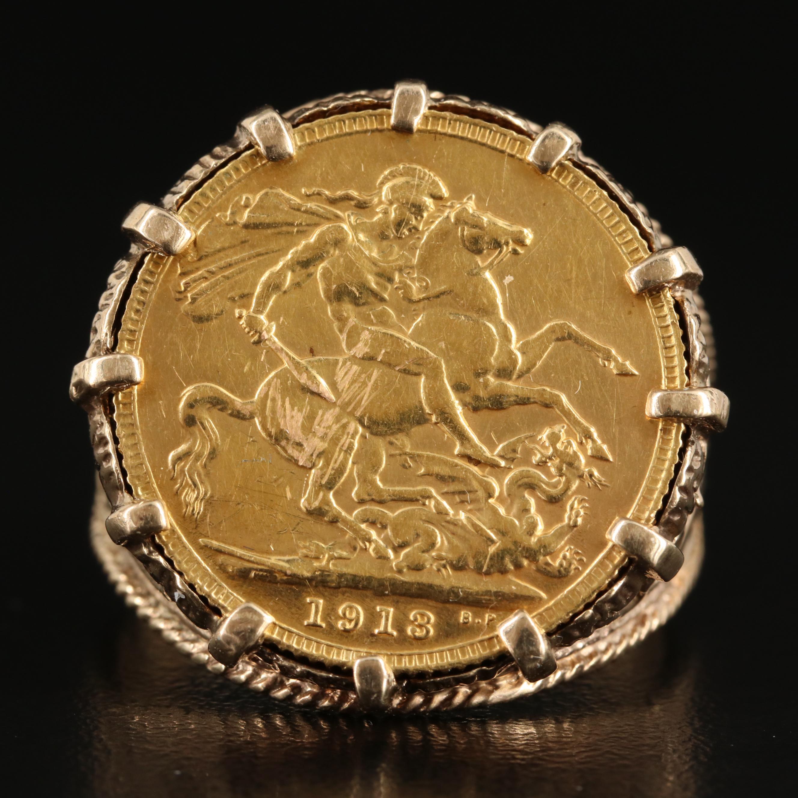 10K Ring with 1913 British Gold Sovereign Coin