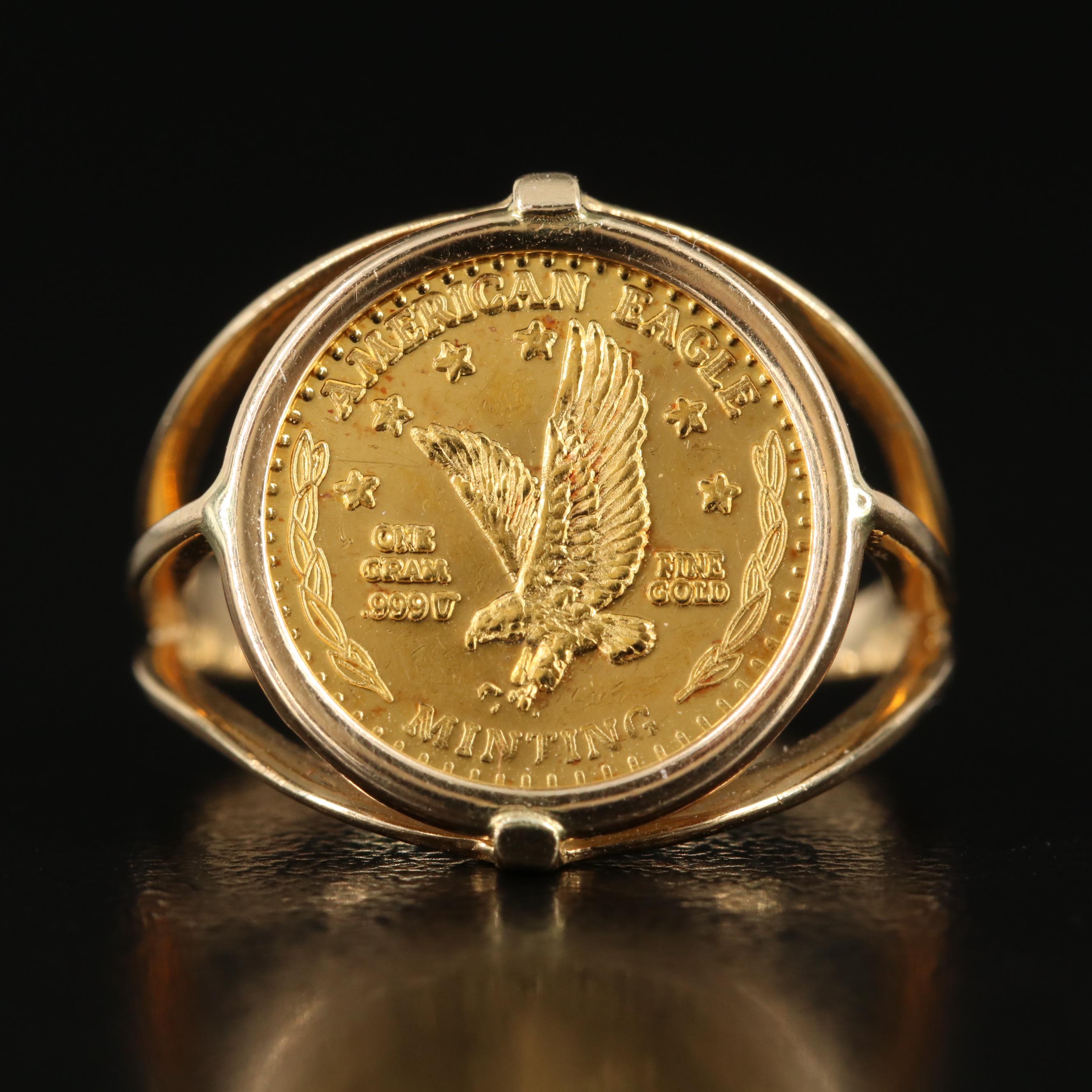 14K Ring with American Eagle Minting One Gram Gold Coin