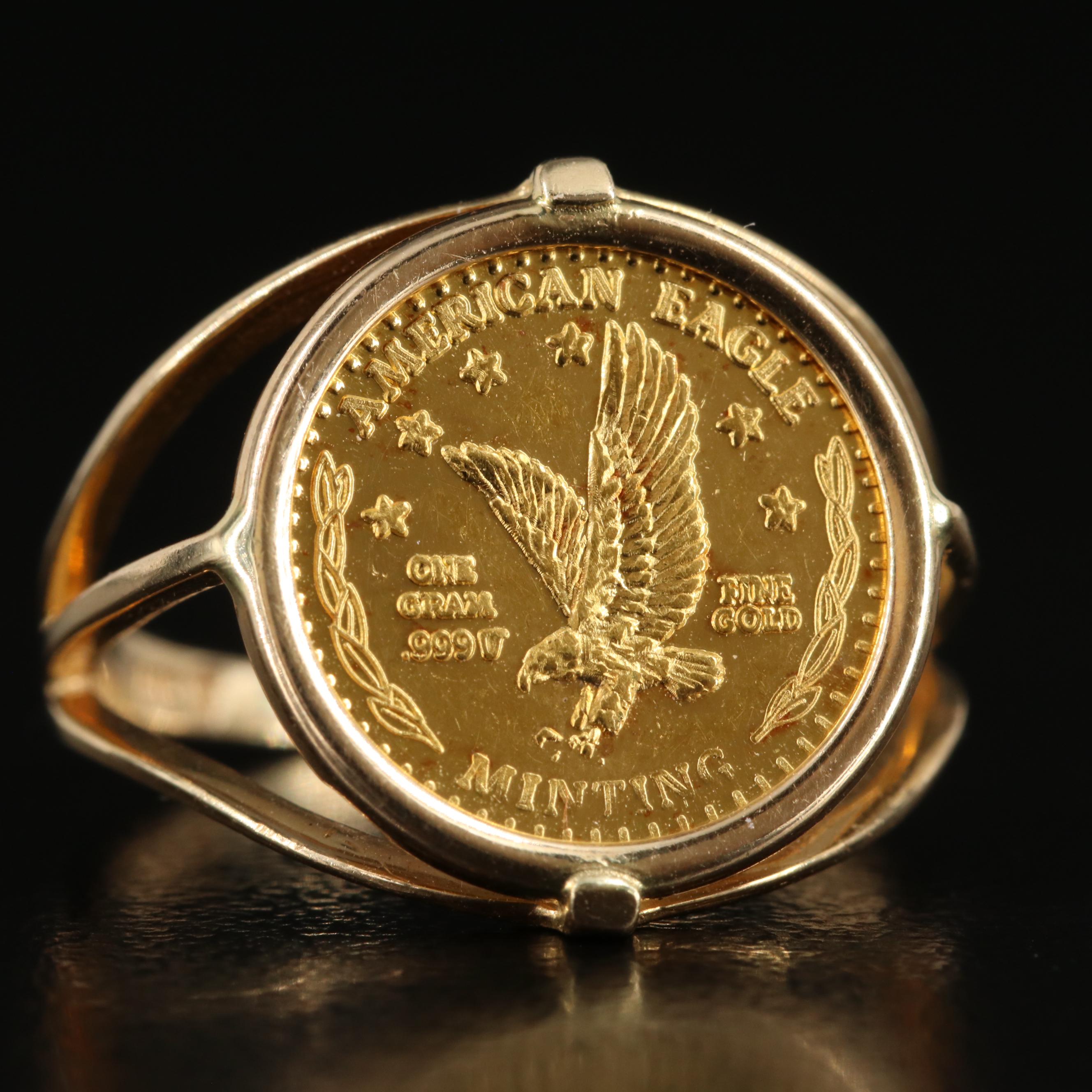 14K Ring with American Eagle Minting One Gram Gold Coin