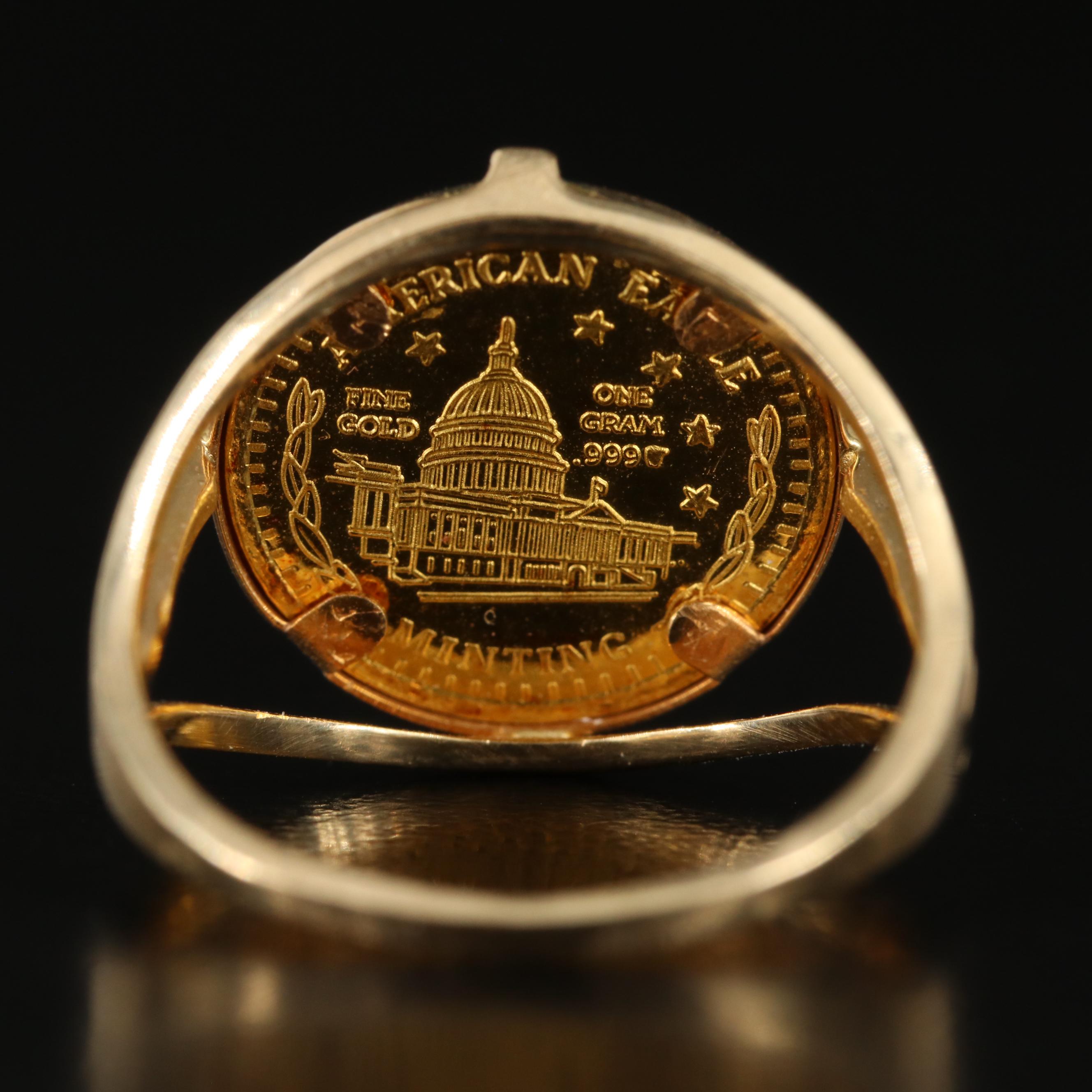 14K Ring with American Eagle Minting One Gram Gold Coin