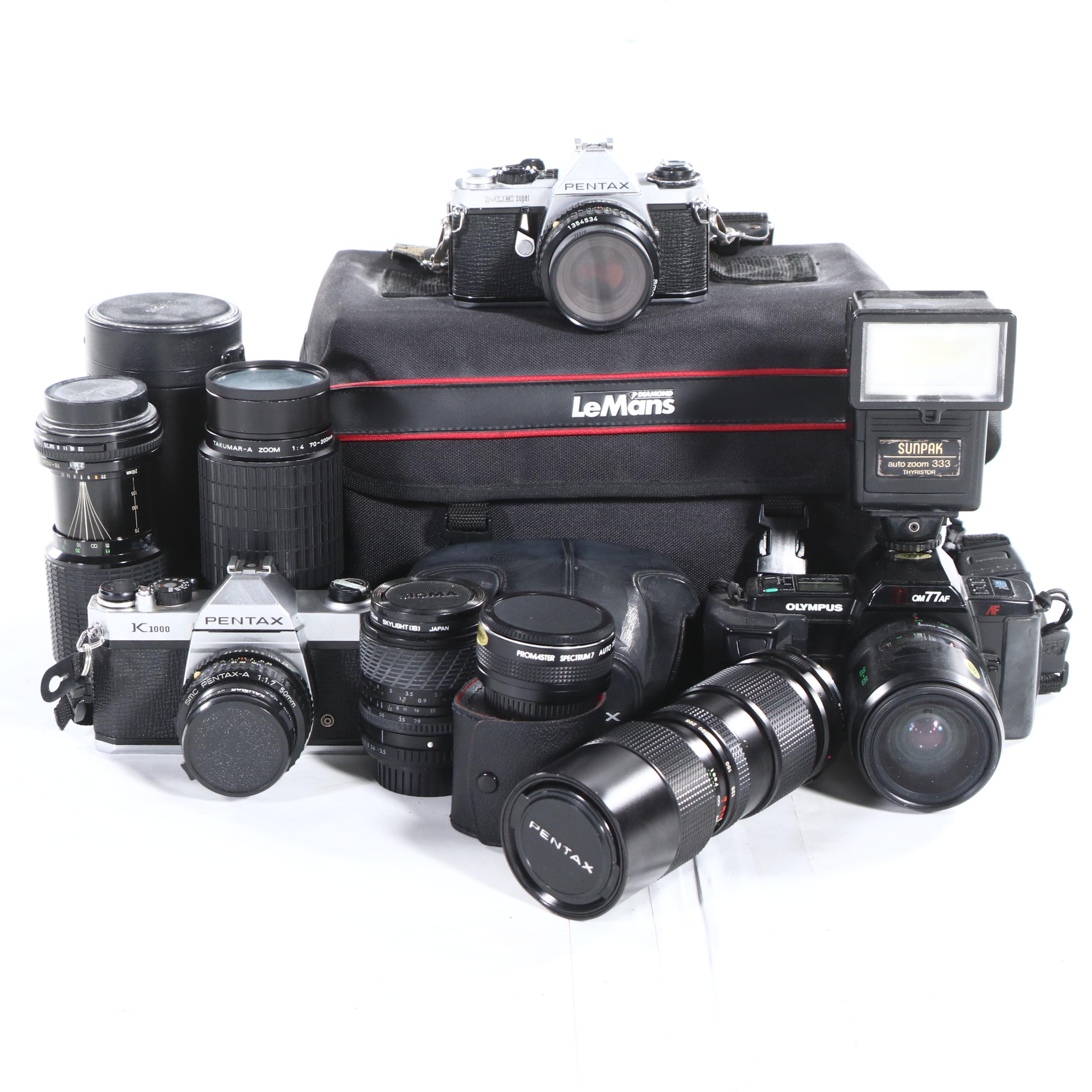 Pentax K1000 and Pentax ME Super Cameras with Telephoto Lenses and More