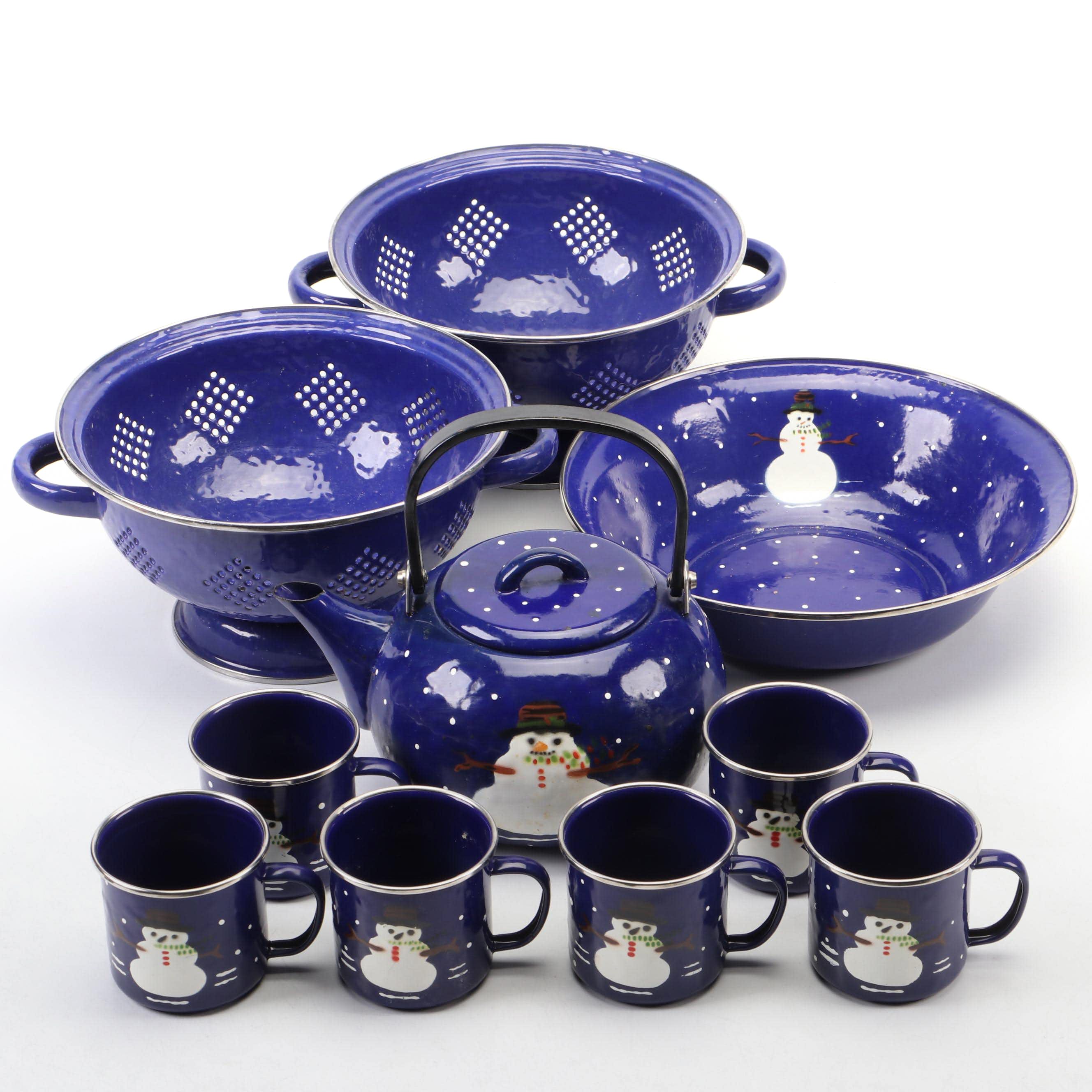 The Golden Rabbit Enamelware Tea Kettle and Other Snowman Themed Tableware