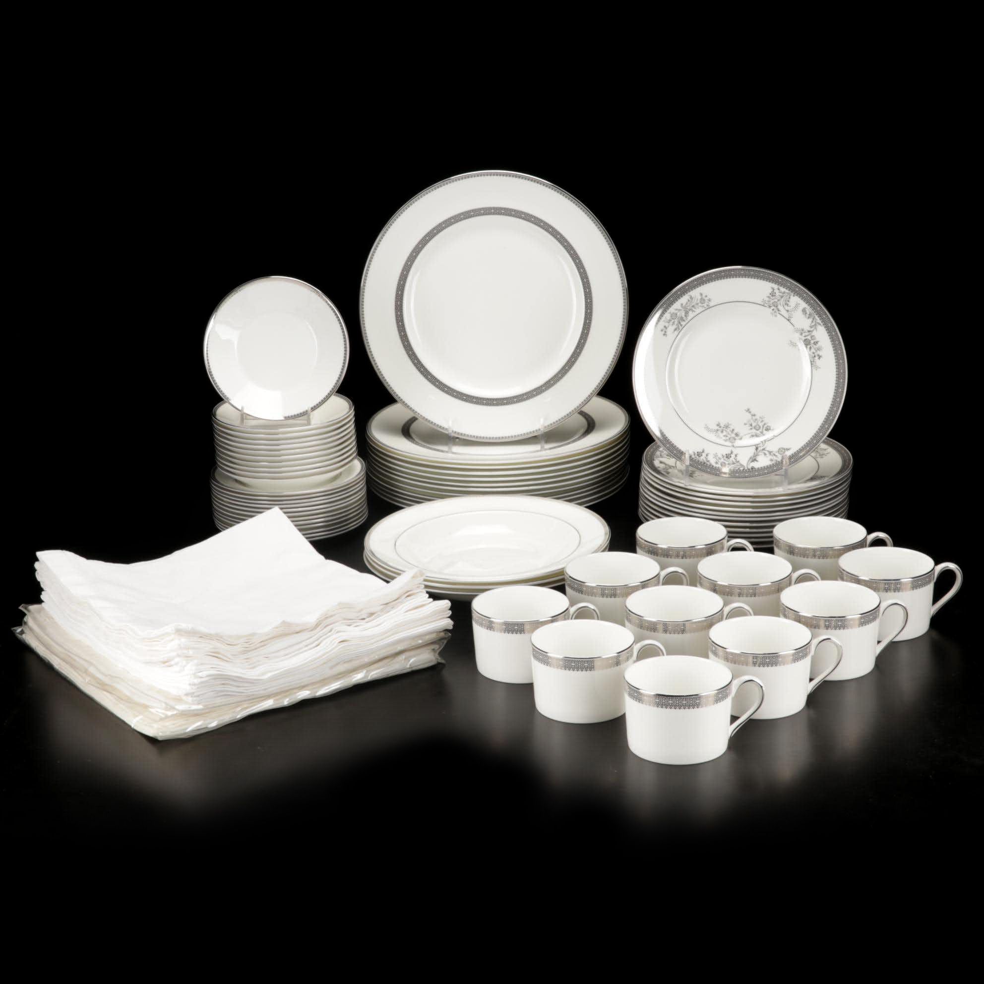Vera Wang For Wedgwood "Vera Lace Platinum" Dinnerware with Hemstitch Napkins