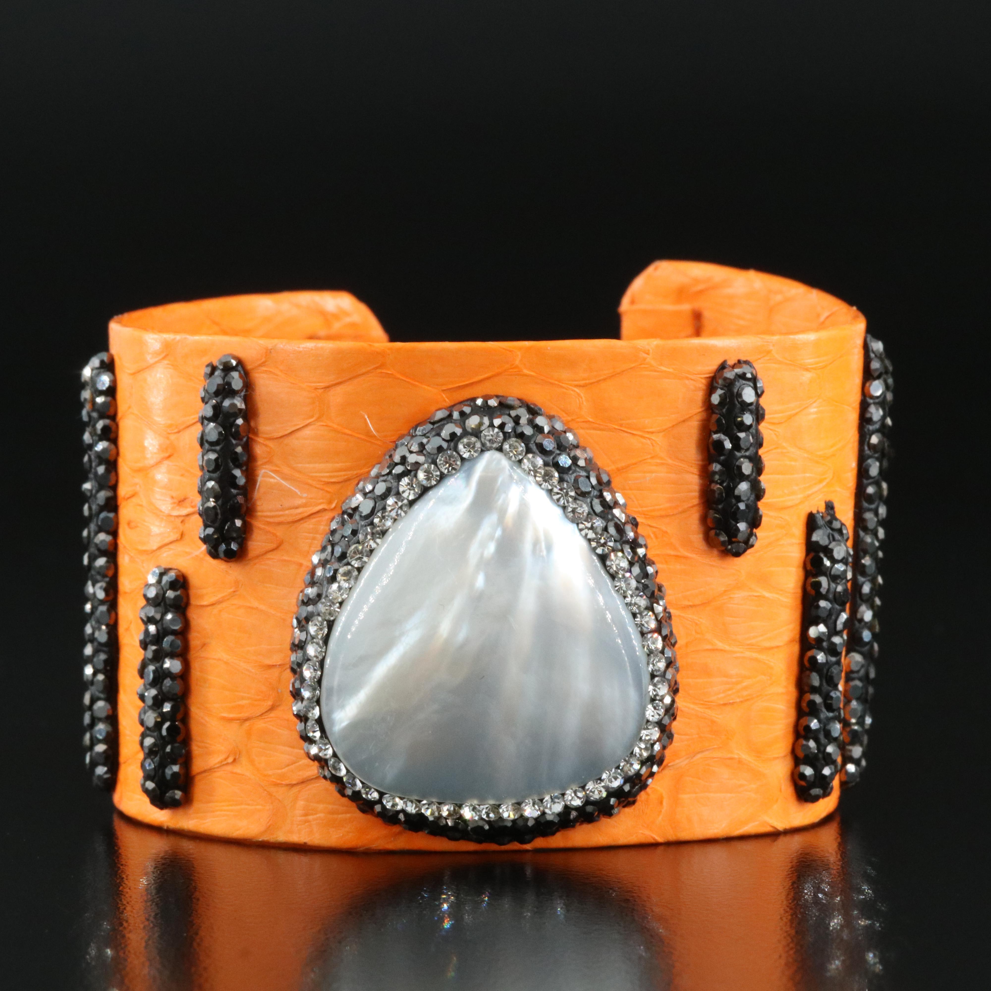 Mother-of-Pearl, Rhinestone and Snake Print Cuff