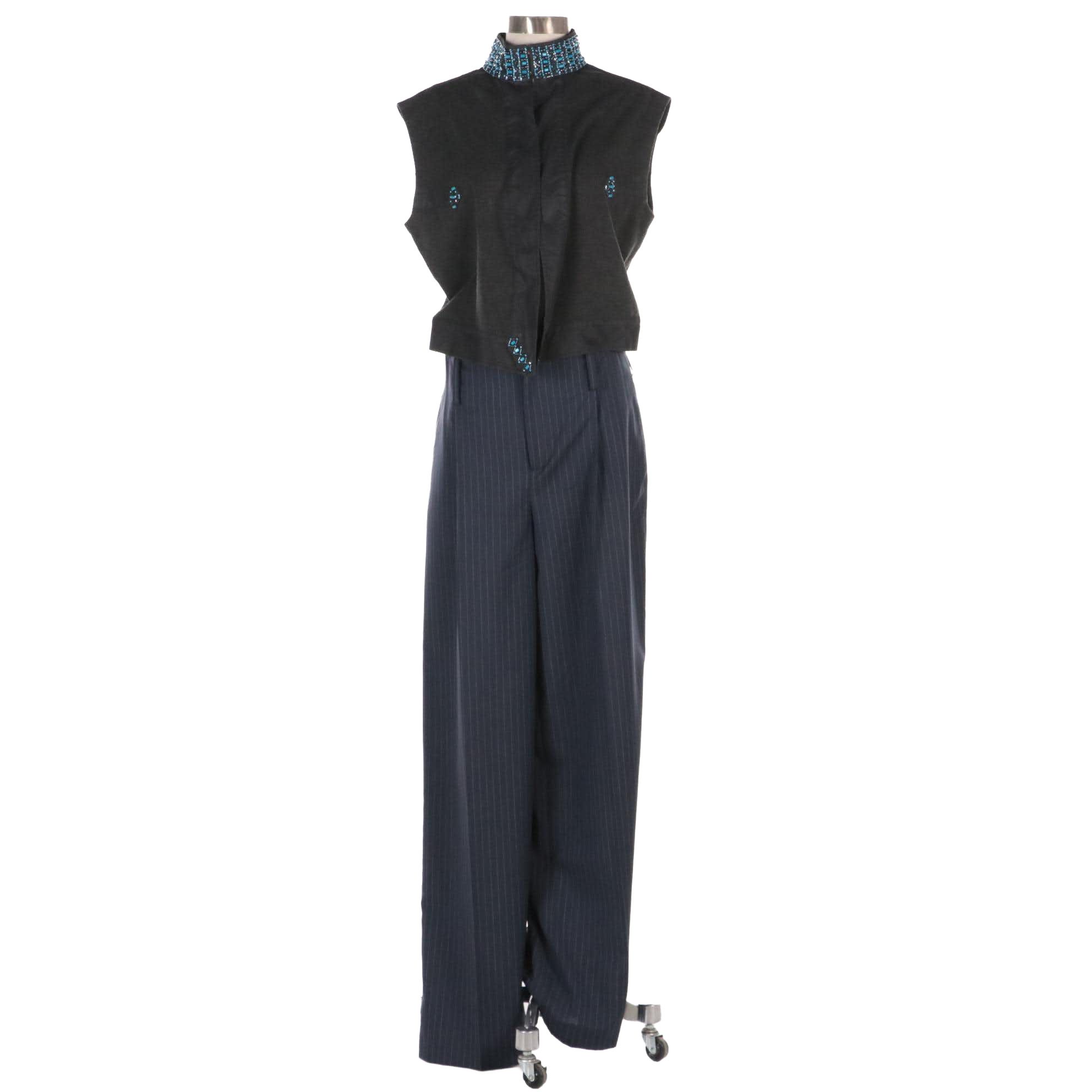 John Bartlett Navy Wool Pinstripe Trousers & Bead Embellished Open-Front Vest