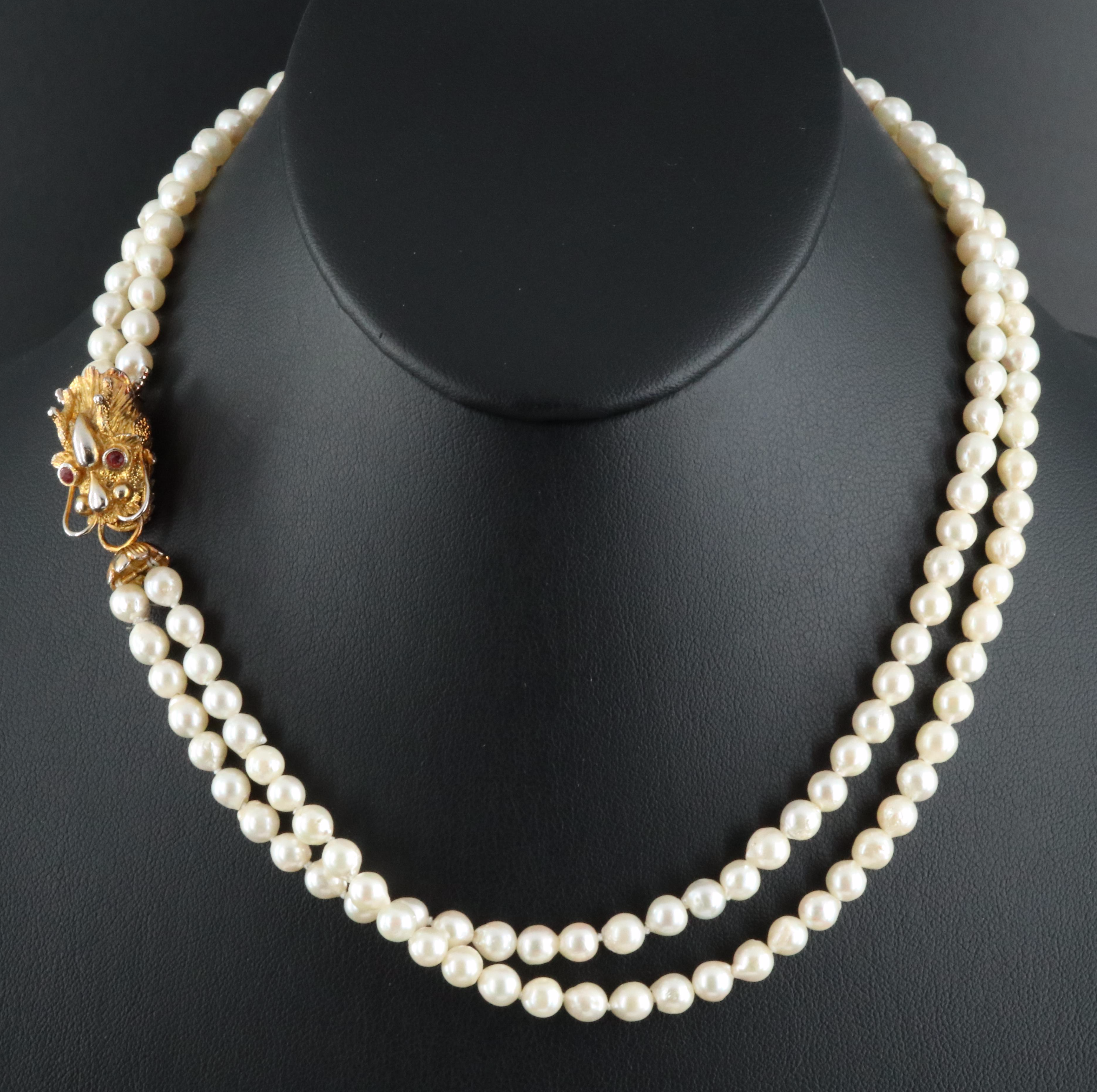 Pearl Double Strand Necklace with Ruby Eyed Dragon Clasp
