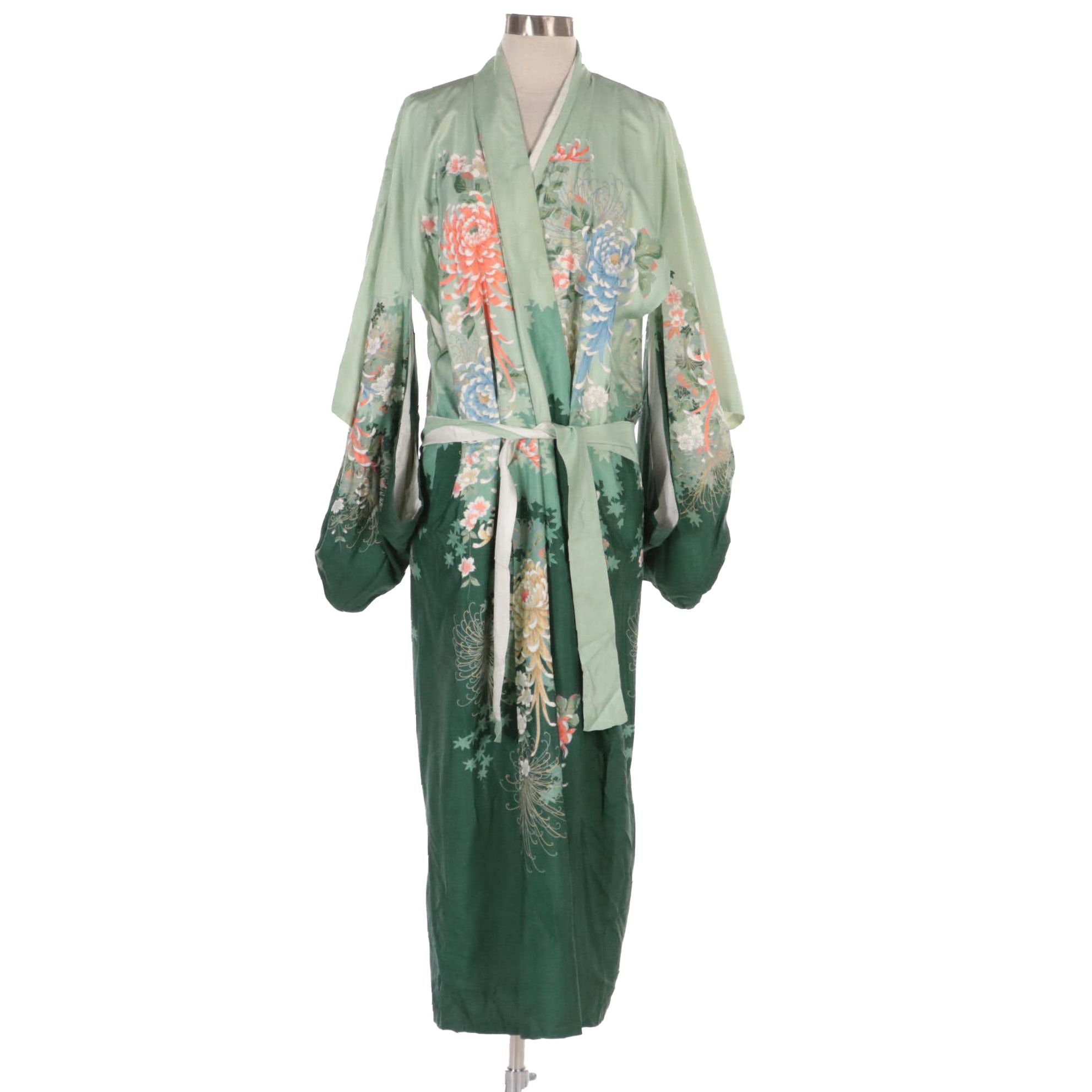 Japanese Spider Chrysanthemum Print Kimono Robe with Tie Belt