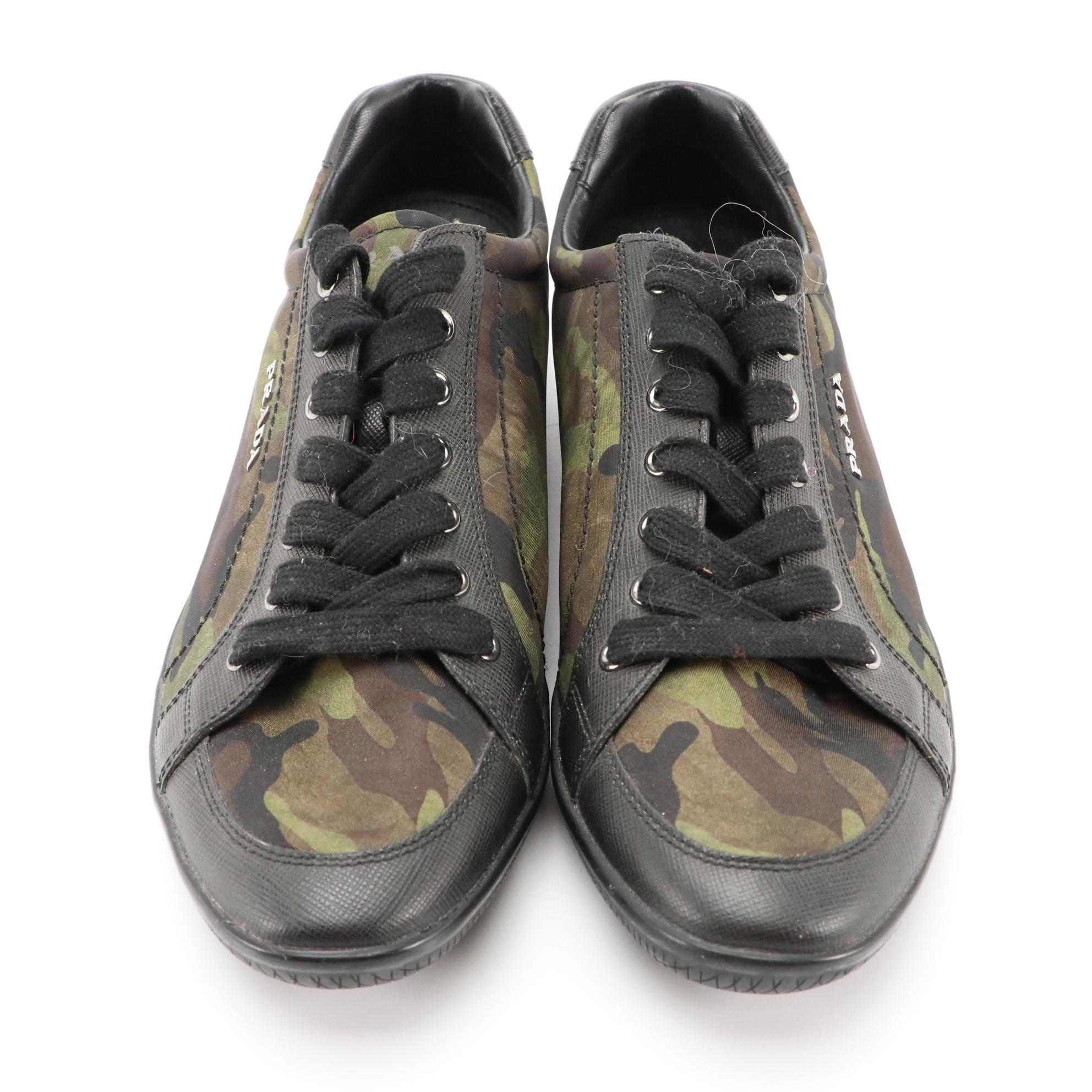 Prada Sport Camouflage Nylon and Black Saffiano Leather Lace-Up Sneakers