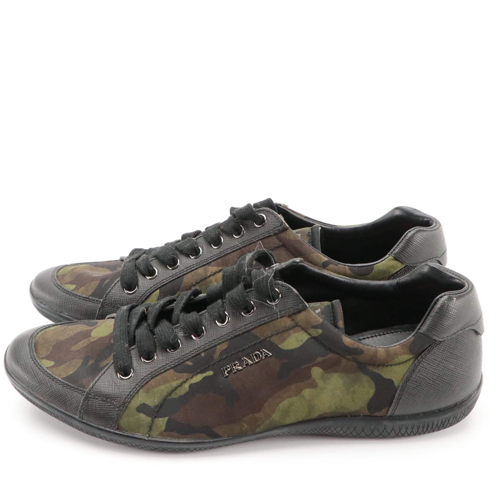 Prada Sport Camouflage Nylon and Black Saffiano Leather Lace-Up Sneakers