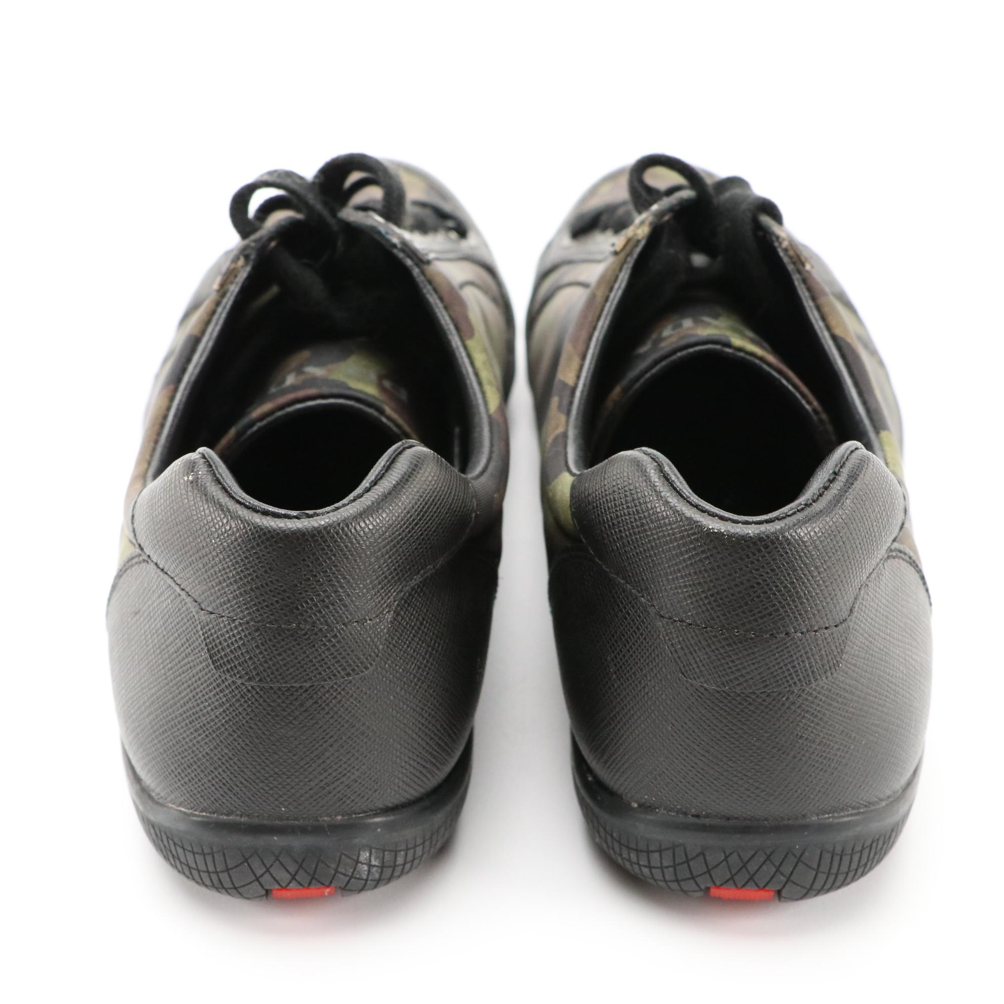 Prada Sport Camouflage Nylon and Black Saffiano Leather Lace-Up Sneakers