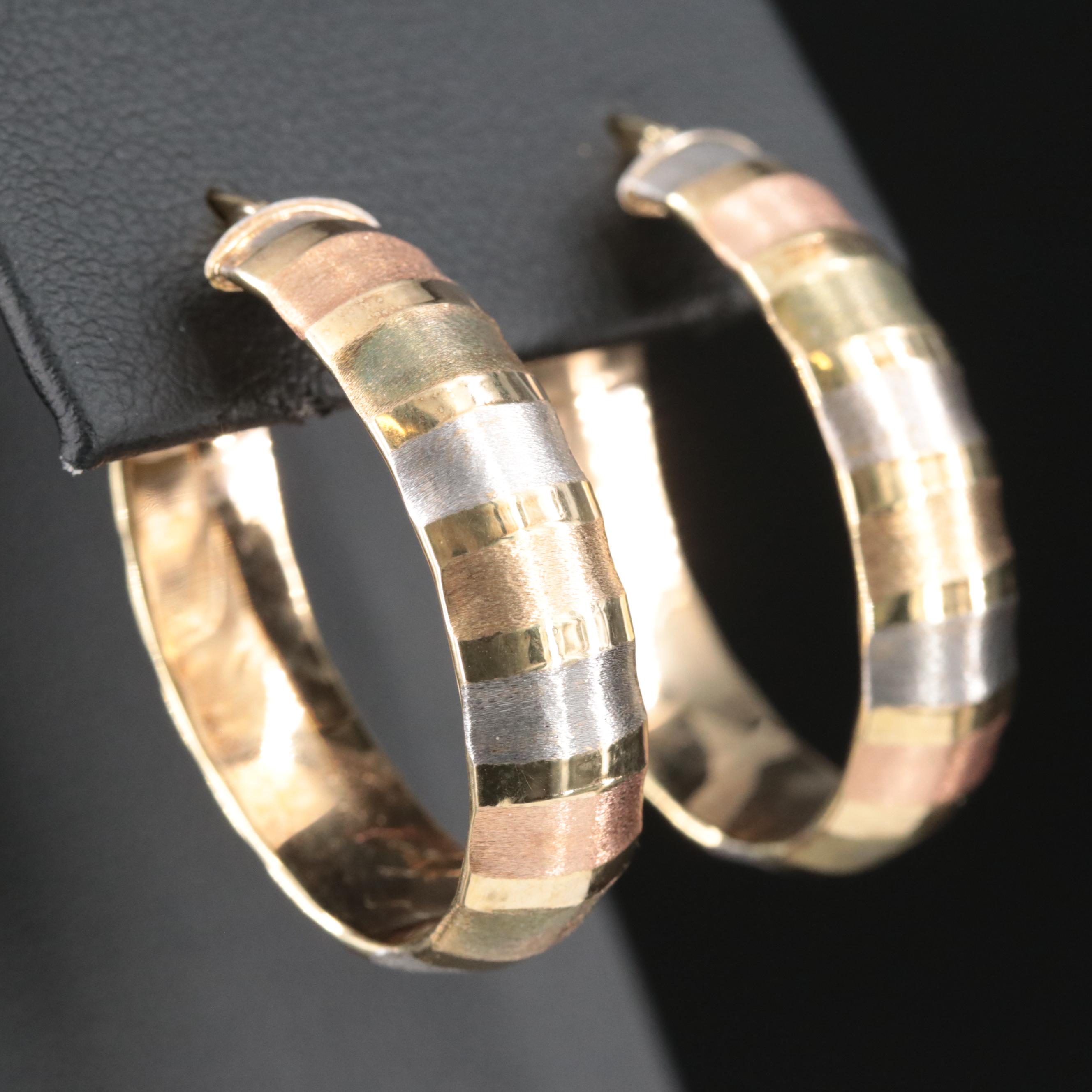 Italian 14K Tri Color Elongated Hoop Earrings with Polished and Brushed Finishes