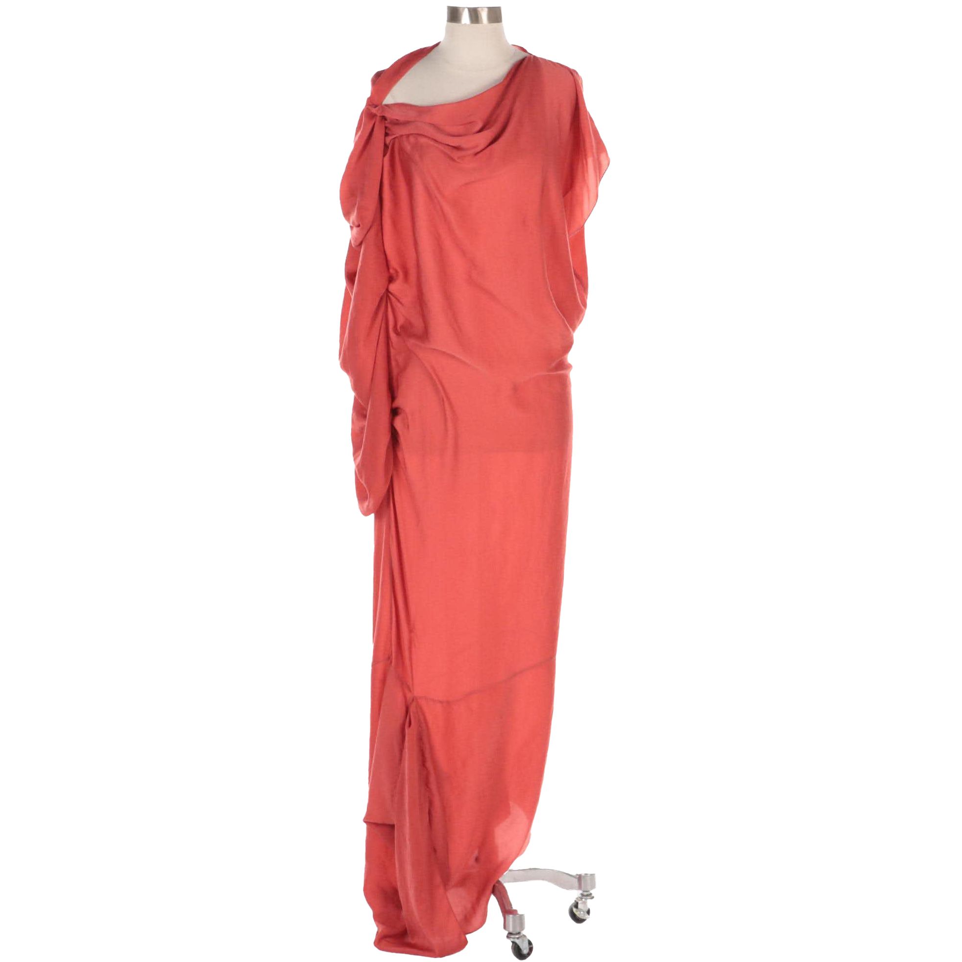 Lanvin Burnt Orange Ruched and Draped Polyester Asymmetrical Midi Dress, 2010