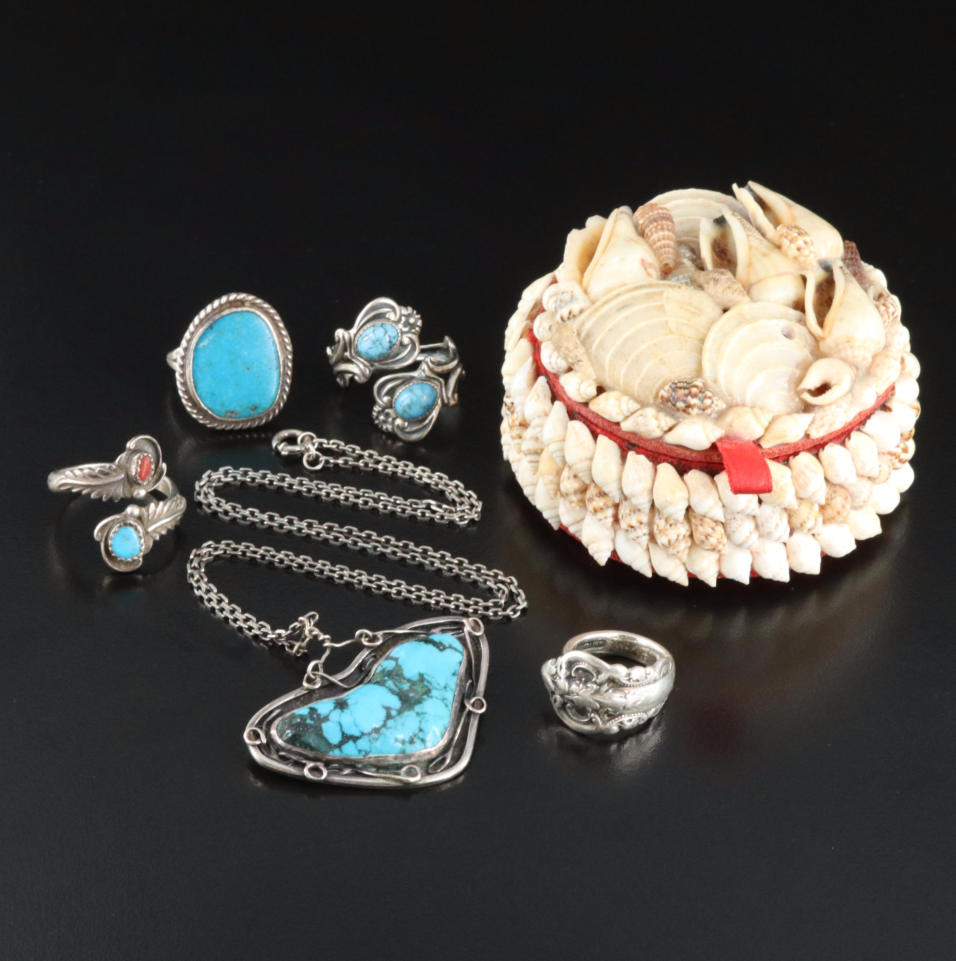 Sterling Rings and Necklace Including Turquoise and Coral with Jewelry Box