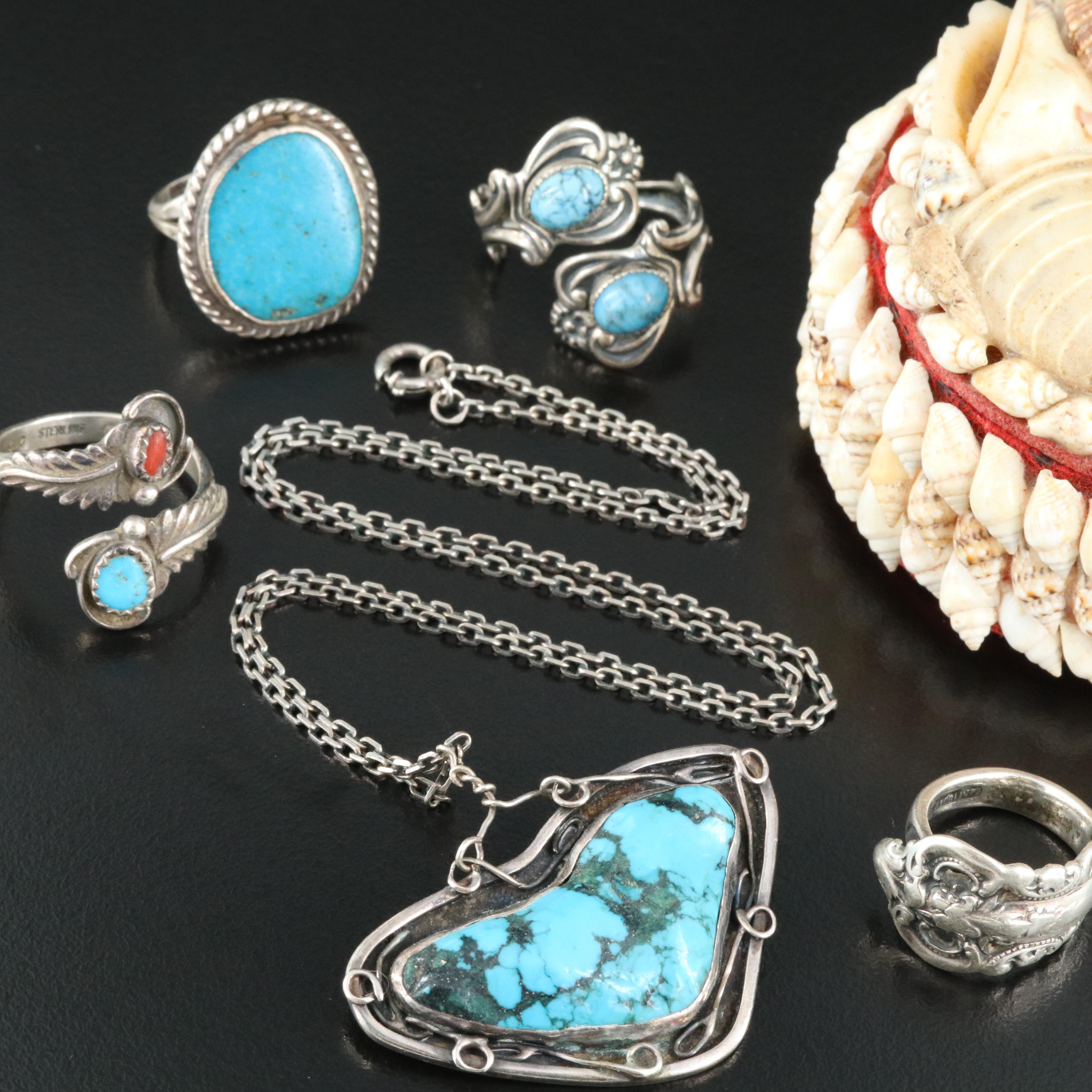 Sterling Rings and Necklace Including Turquoise and Coral with Jewelry Box