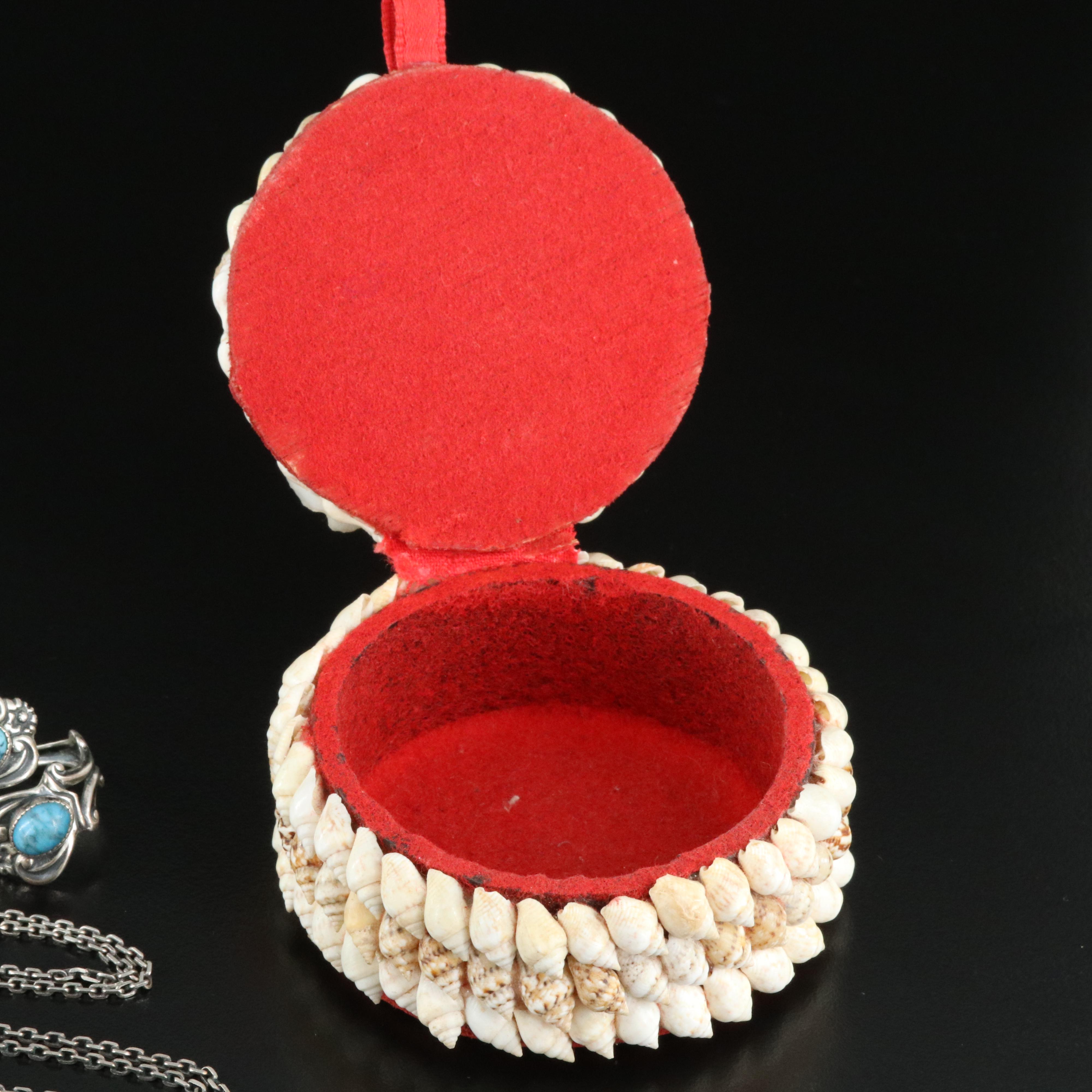 Sterling Rings and Necklace Including Turquoise and Coral with Jewelry Box