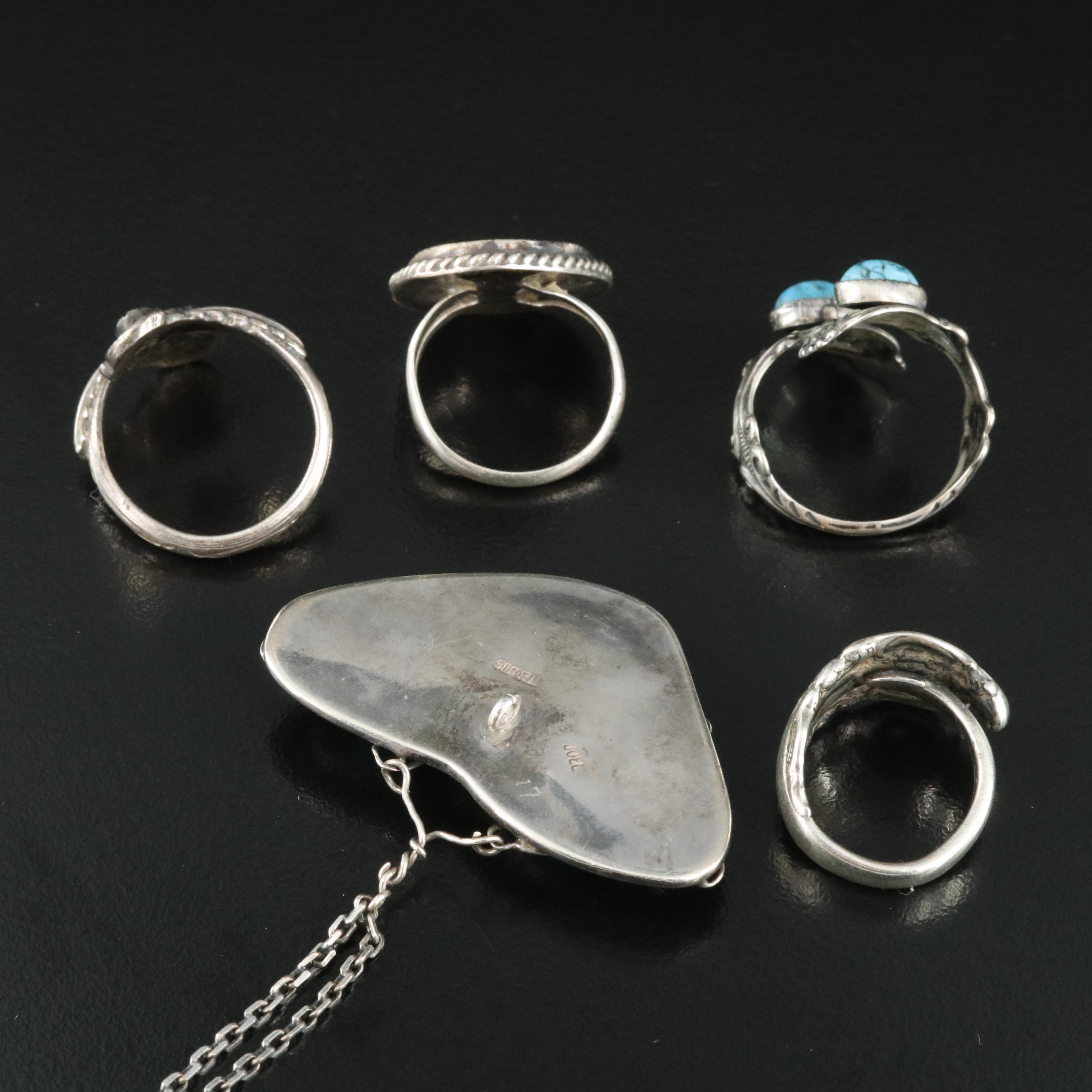 Sterling Rings and Necklace Including Turquoise and Coral with Jewelry Box