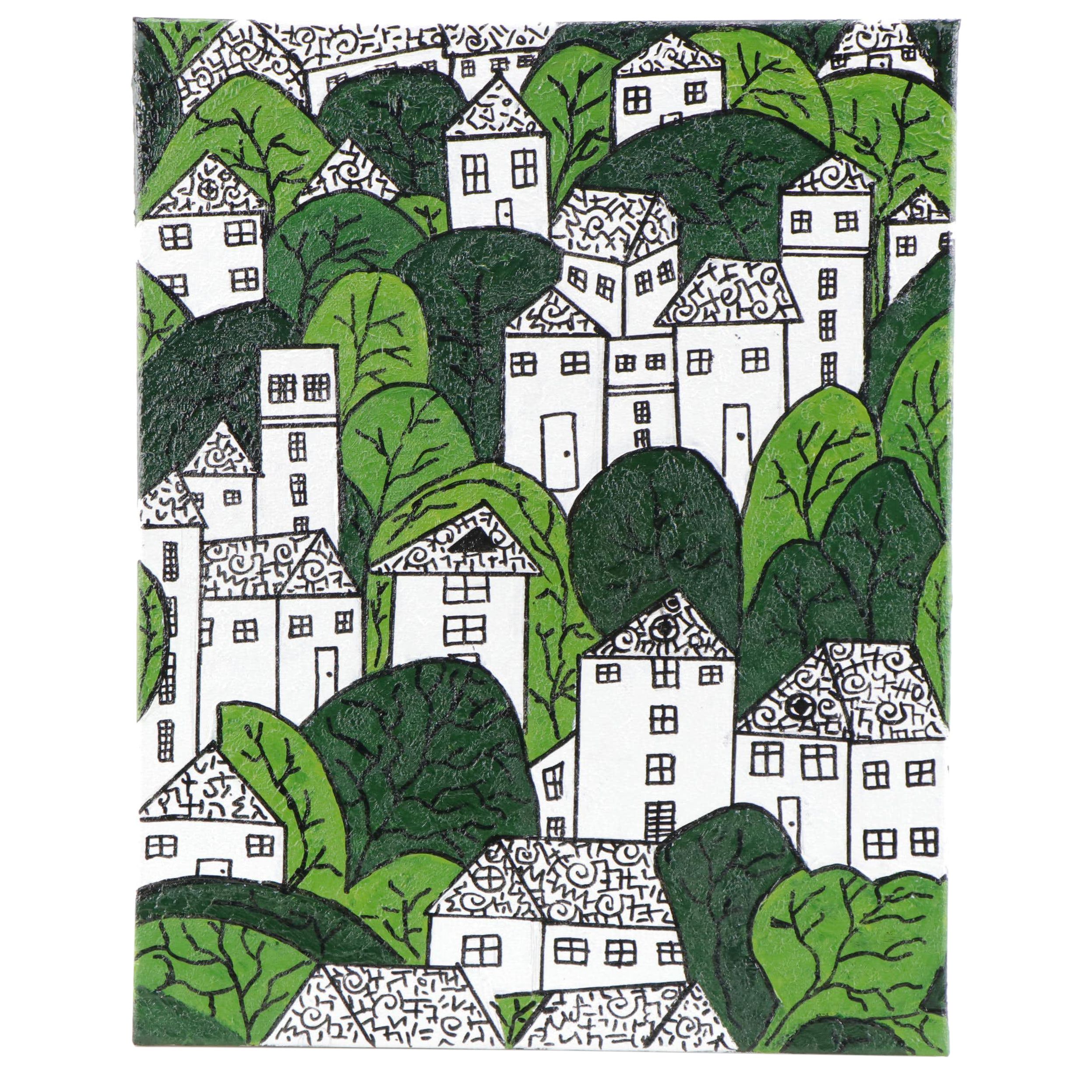 Lanre Buraimoh Acrylic Painting "Havens in Greenwood," 2010