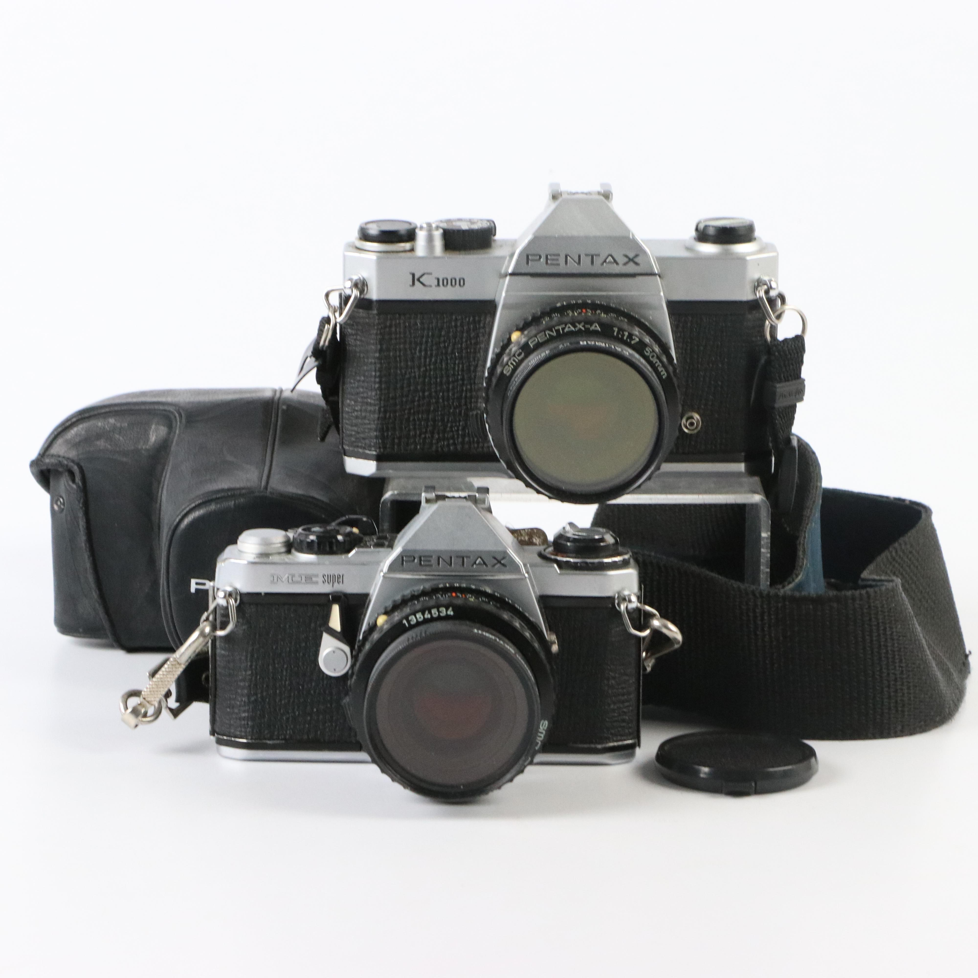 Pentax K1000 and Pentax ME Super Cameras with Telephoto Lenses and More