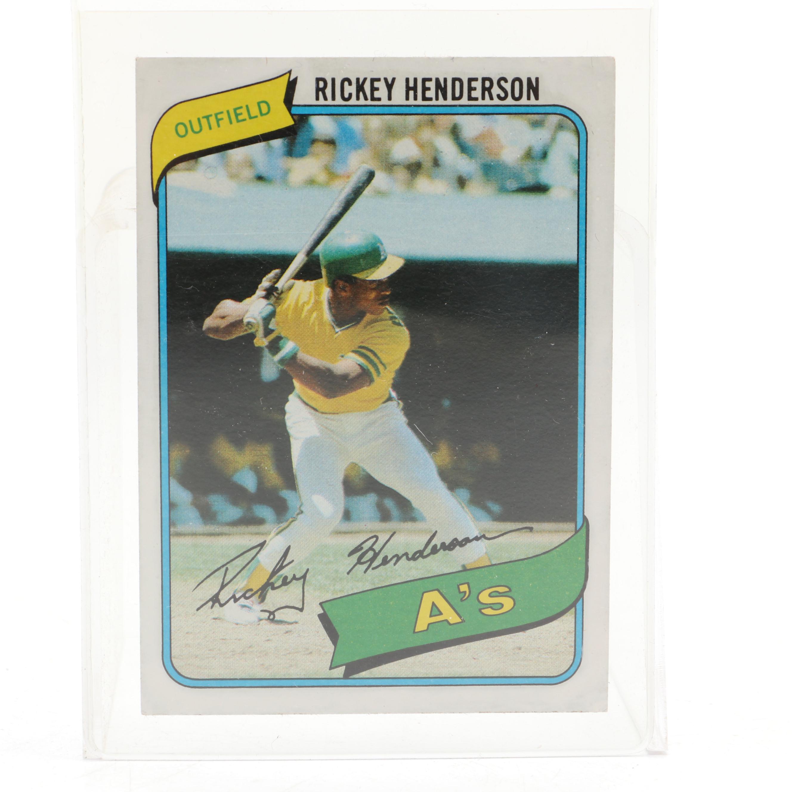 Rickey Henderson Signed Baseball Oakland A's Print with 1980 Topps Rookie Card