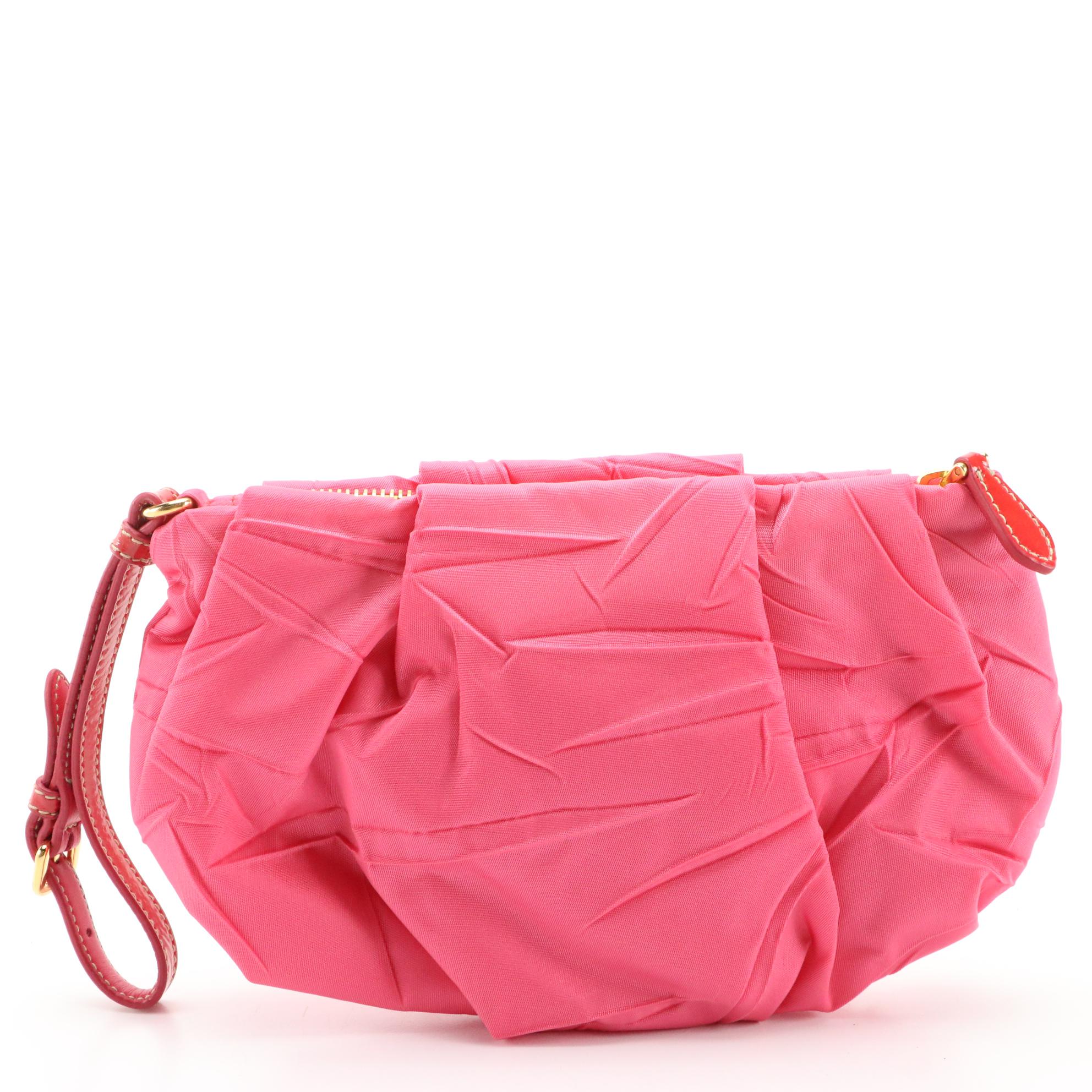 Prada Hot Pink Pleated Tessuto Wristlet Clutch