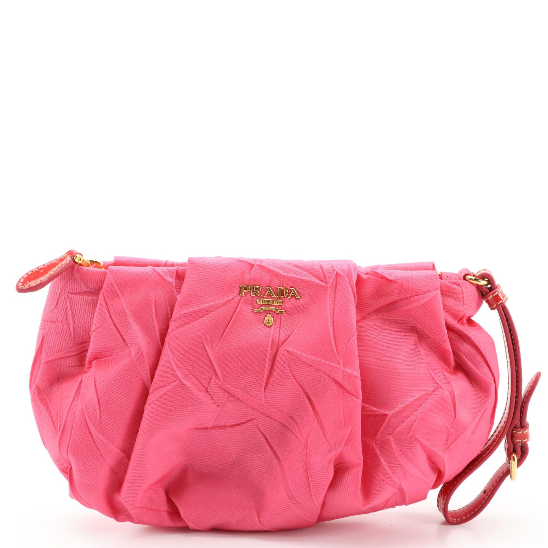 Prada Hot Pink Pleated Tessuto Wristlet Clutch