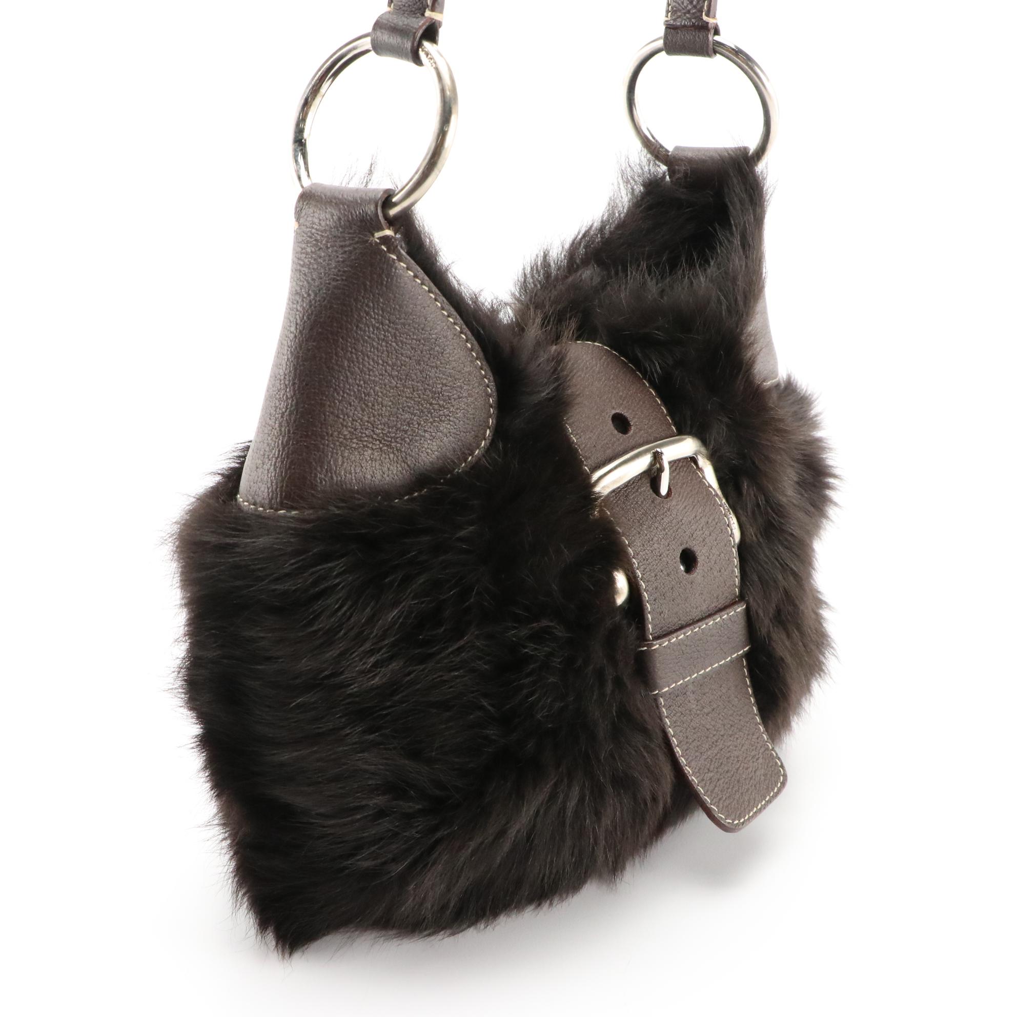 Prada Deep Brown Sheep Fur and Leather Buckle Flap Hobo Handbag