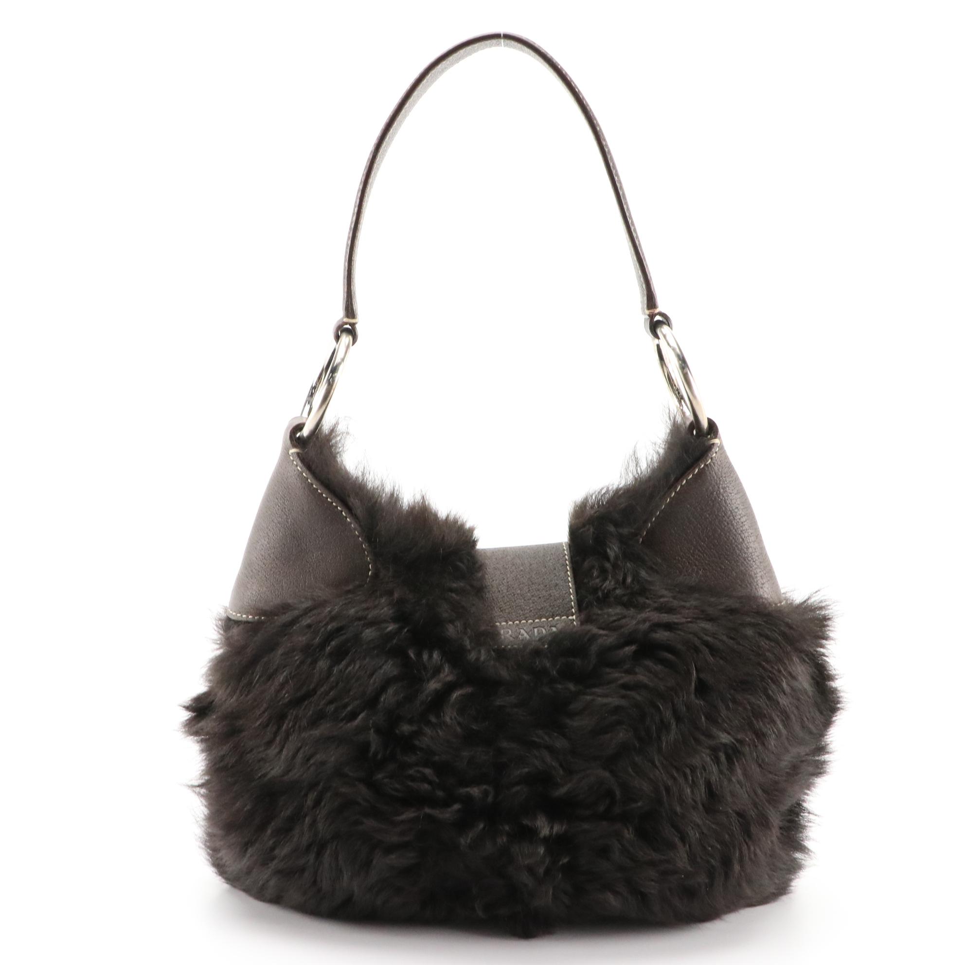 Prada Deep Brown Sheep Fur and Leather Buckle Flap Hobo Handbag