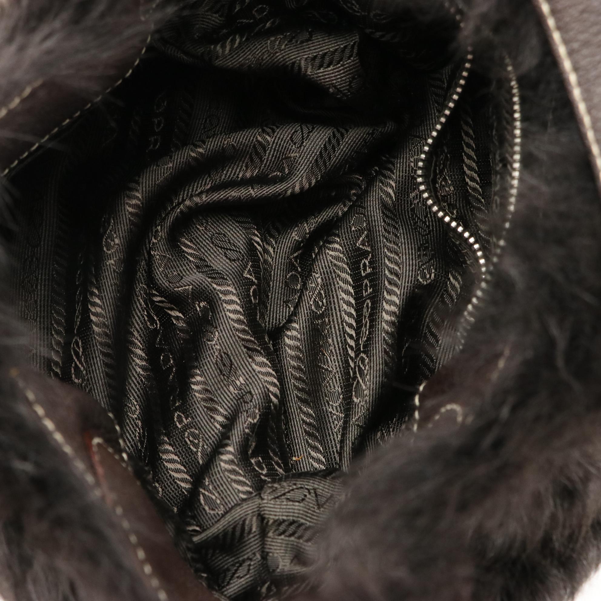 Prada Deep Brown Sheep Fur and Leather Buckle Flap Hobo Handbag