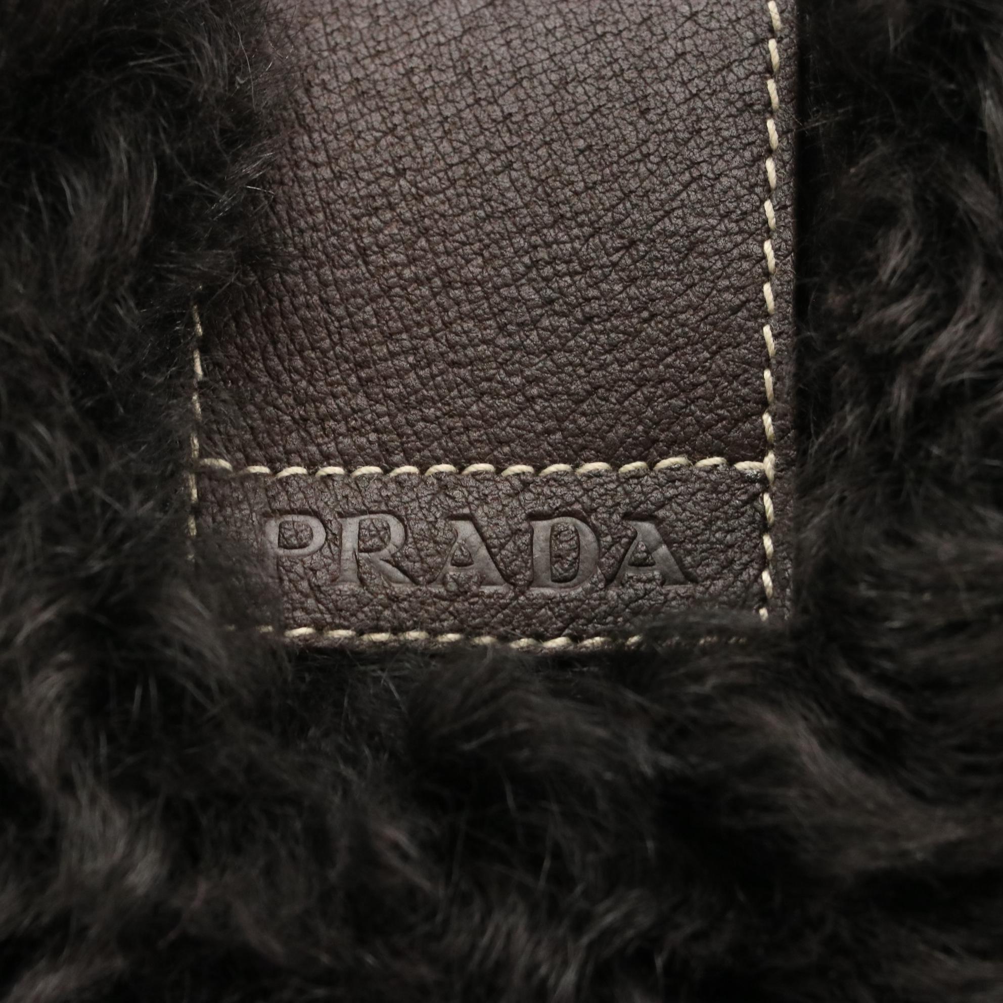 Prada Deep Brown Sheep Fur and Leather Buckle Flap Hobo Handbag