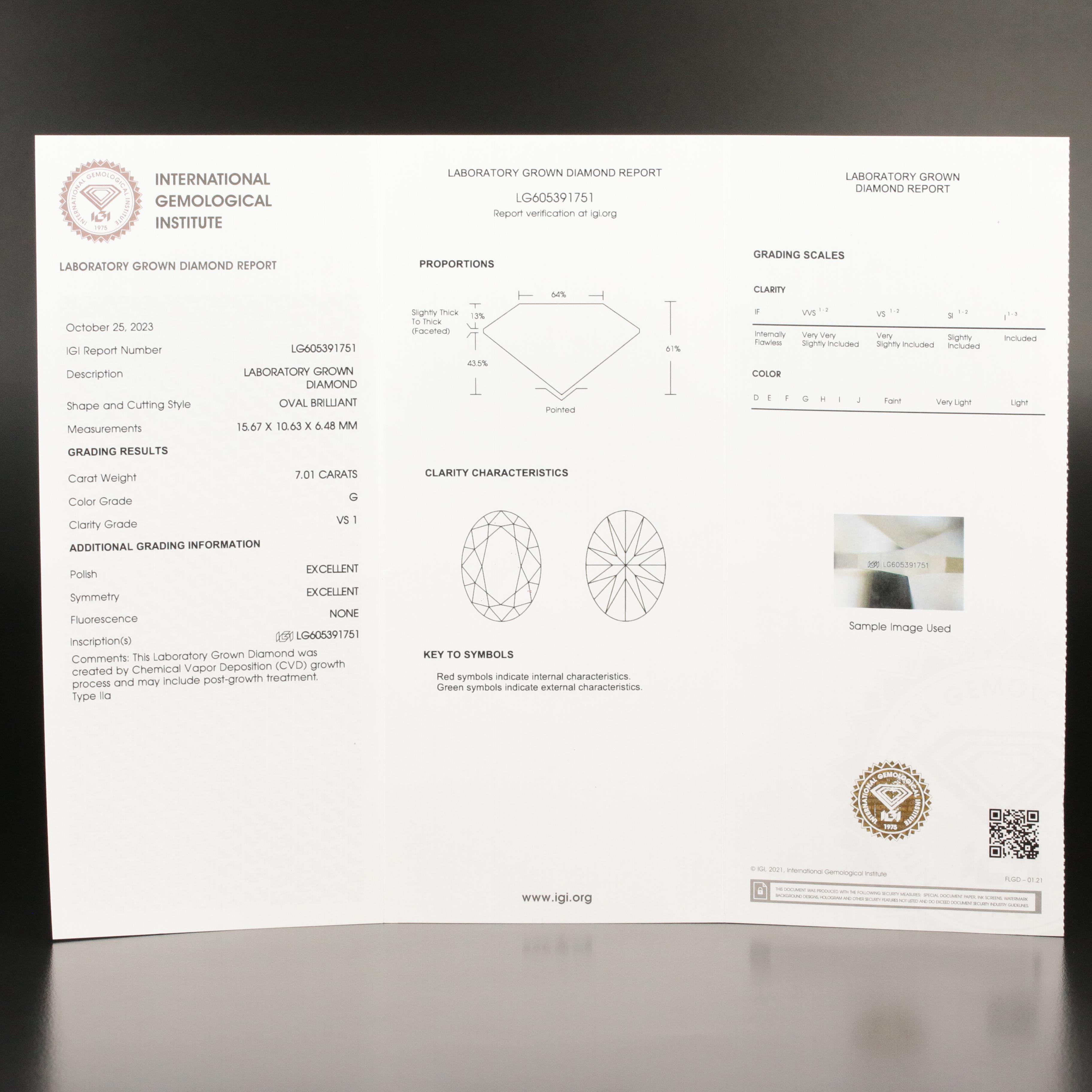 Loose 7.01 CT Lab Grown Diamond with IGI Report