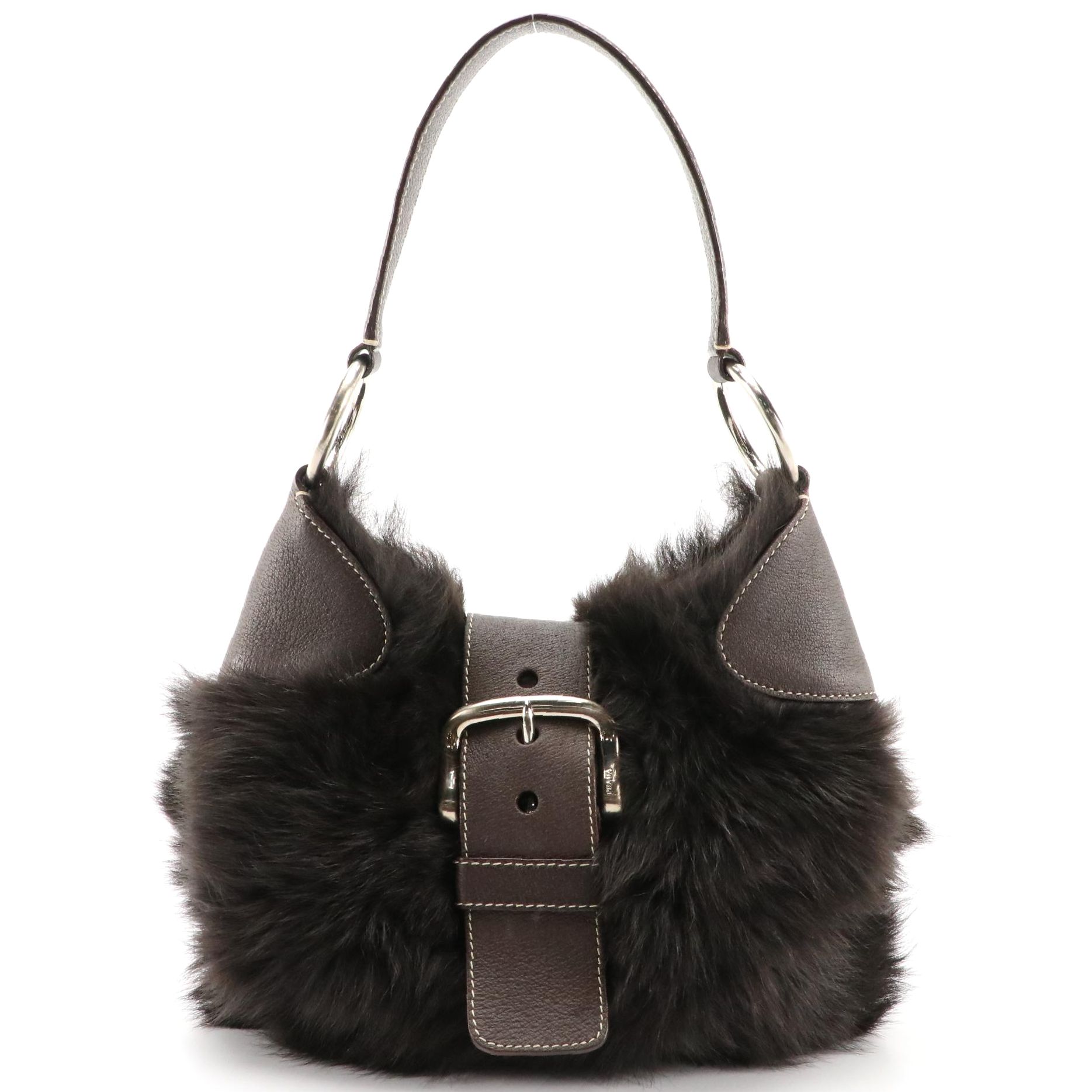 Prada Deep Brown Sheep Fur and Leather Buckle Flap Hobo Handbag